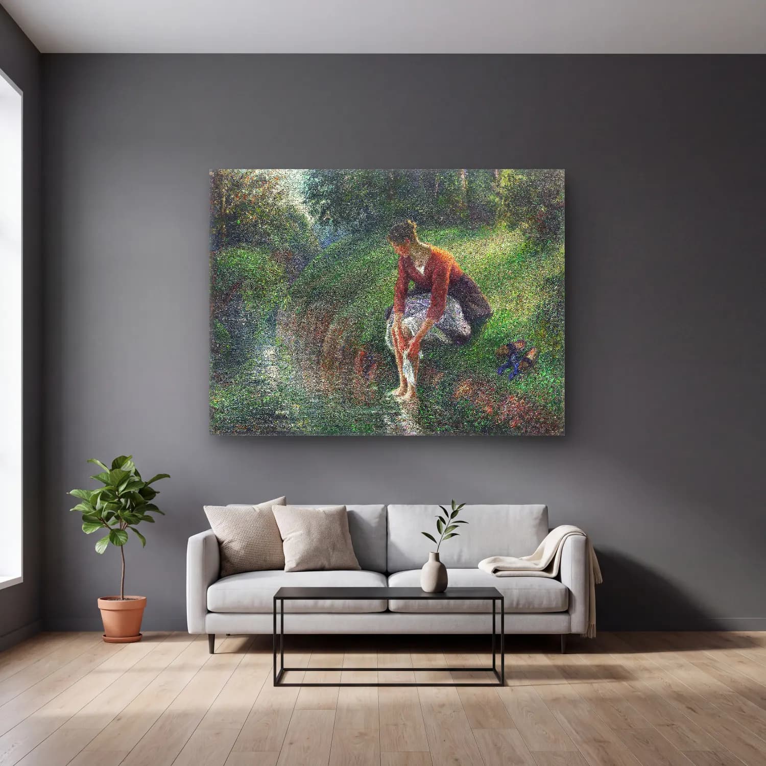 Camille Pissarro – Woman Bathing Her Feet in a Brook – Pastel Tonlar cam tablo — gri duvarlı salonda