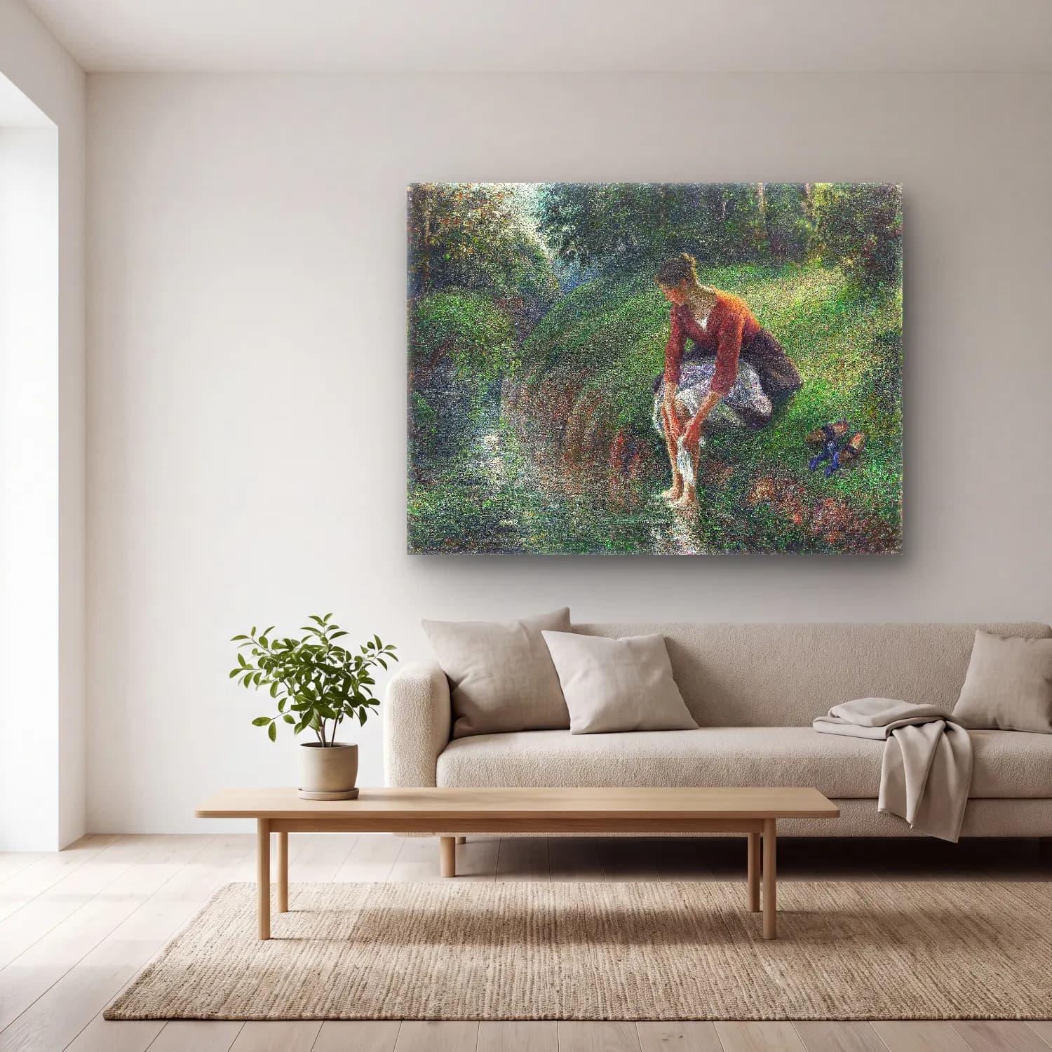 Camille Pissarro – Woman Bathing Her Feet in a Brook – Pastel Tonlar cam tablo — açık renk salonda