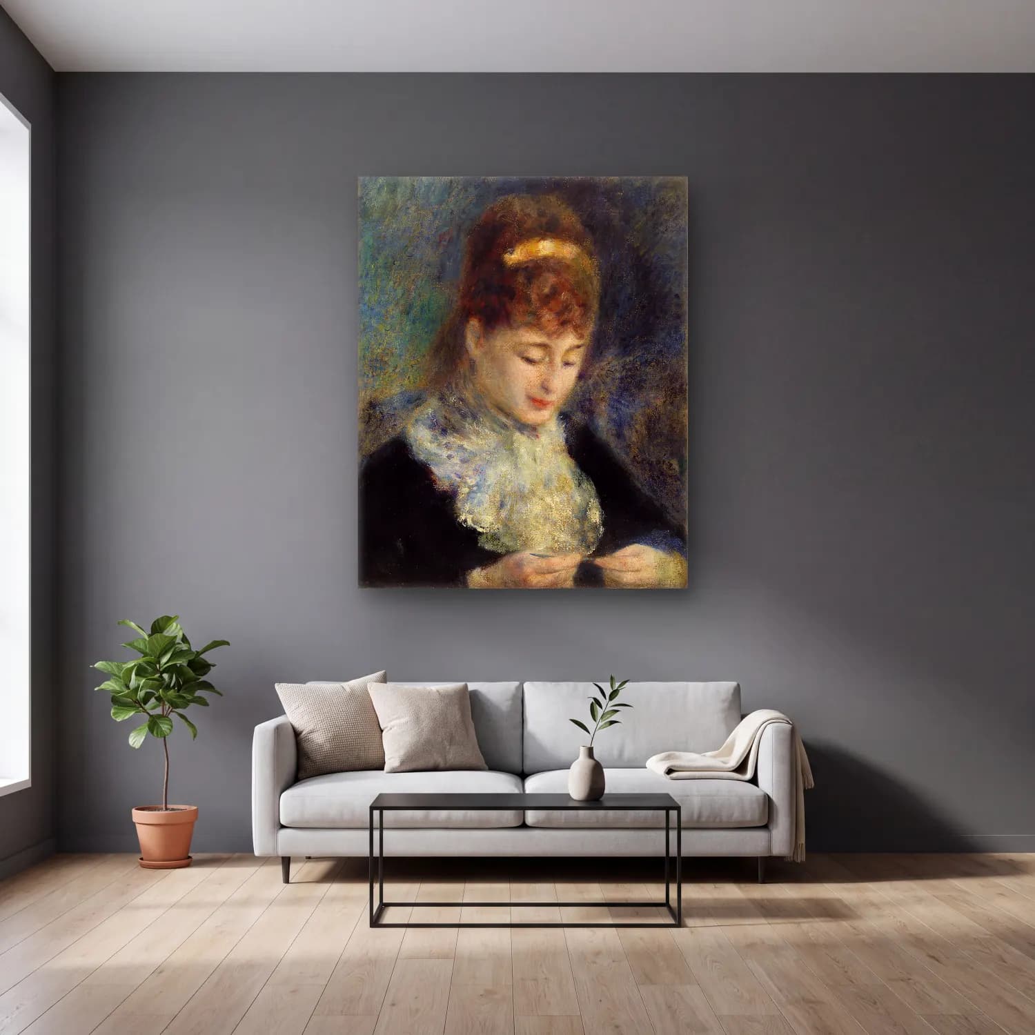 Pierre Auguste Renoir – Woman Crocheting (Femme faisant du crochet) cam tablo — gri duvarlı salonda