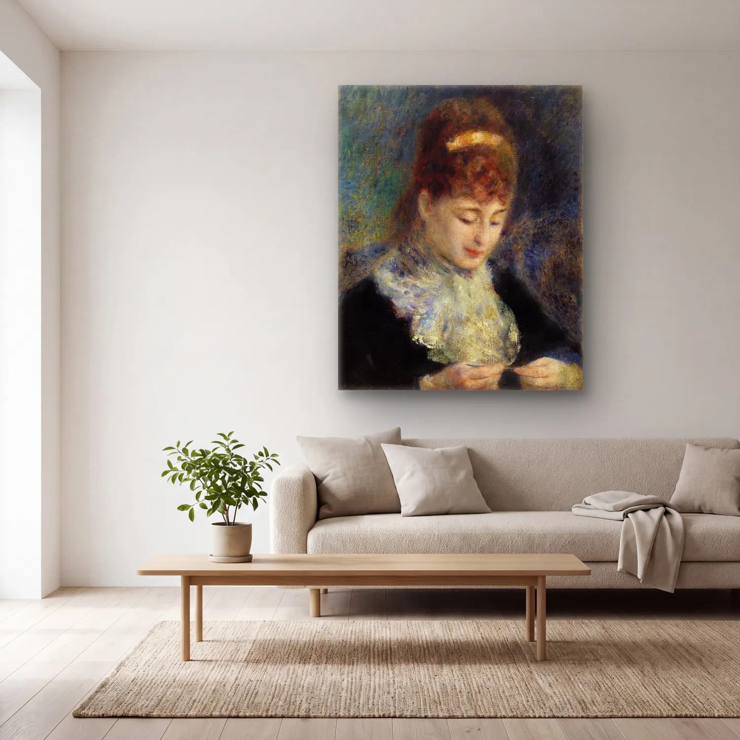 Pierre Auguste Renoir – Woman Crocheting (Femme faisant du crochet) cam tablo — açık renk salonda