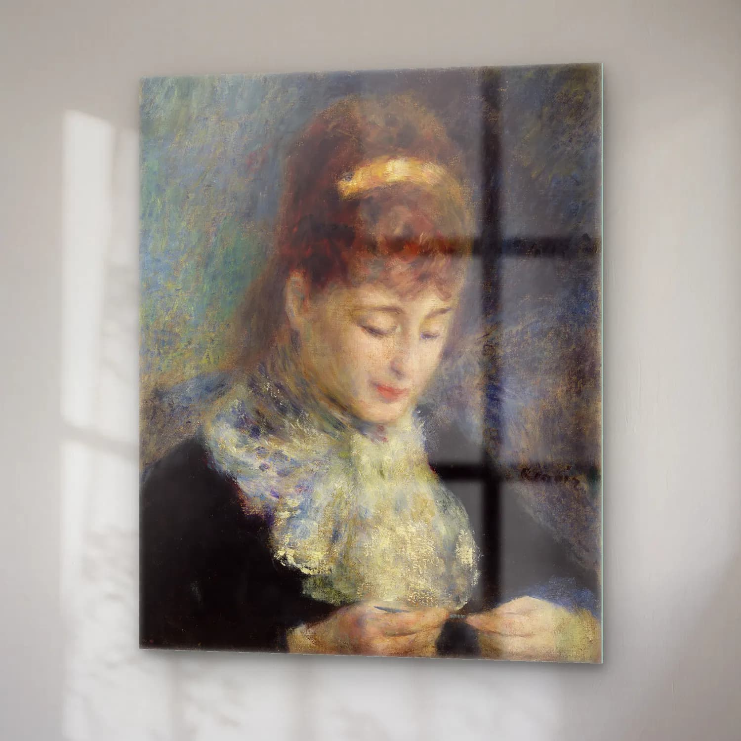 Pierre Auguste Renoir – Woman Crocheting (Femme faisant du crochet) cam tablo — sağ açıdan görünüm