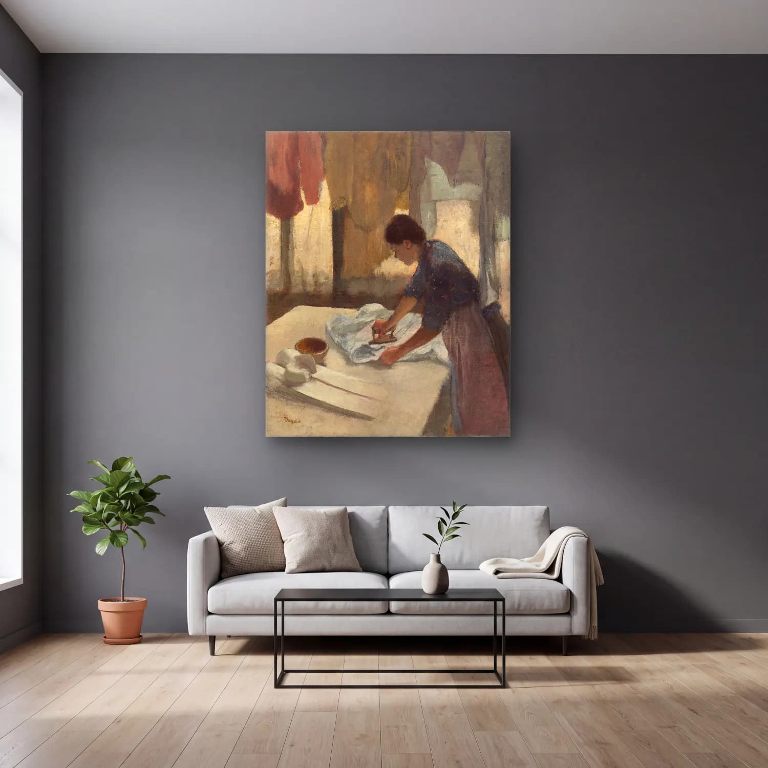 Edgar Degas – Woman Ironing (begun in 1876 and completed in 1887) cam tablo — gri duvarlı salonda