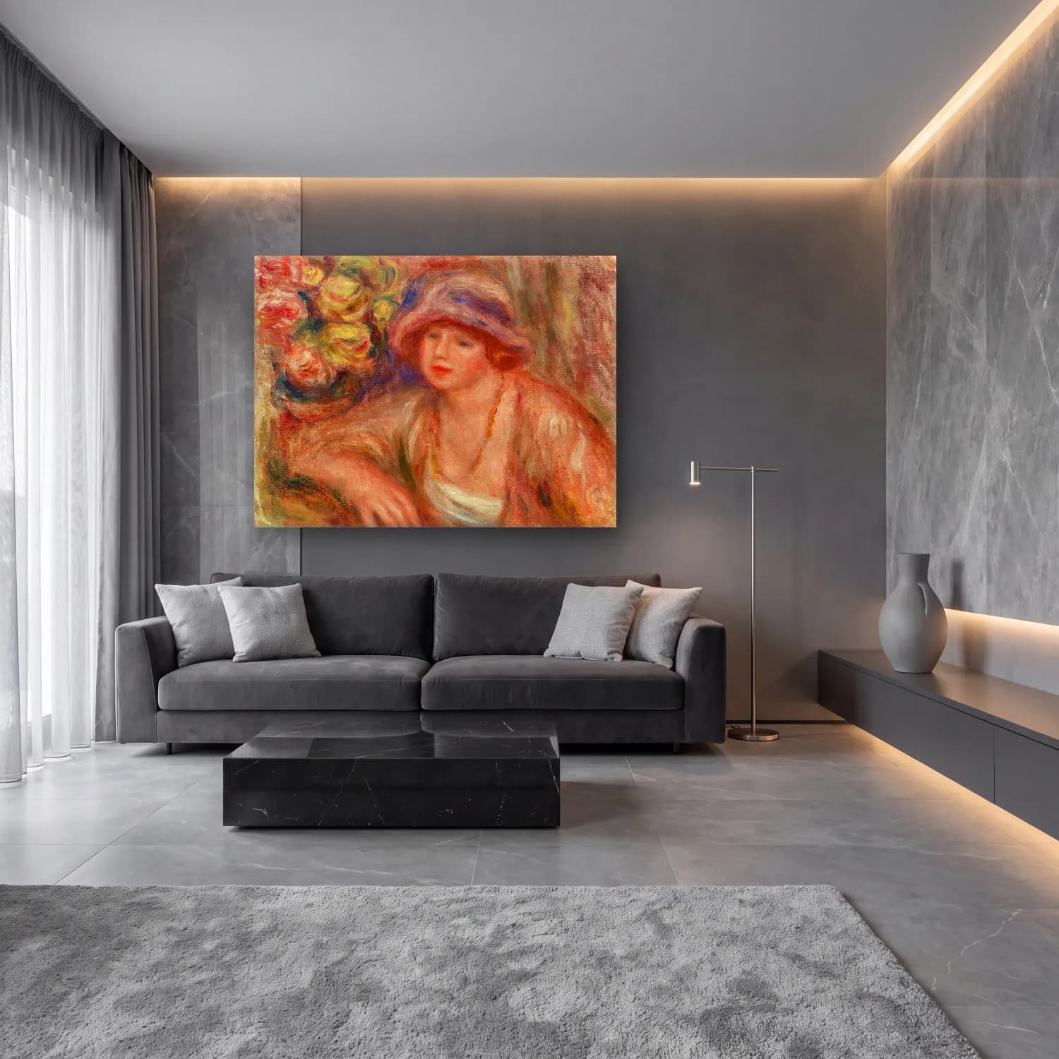 Pierre-Auguste Renoir – Woman Leaning (Femme accoudée) cam tablo — lüks salon duvarında