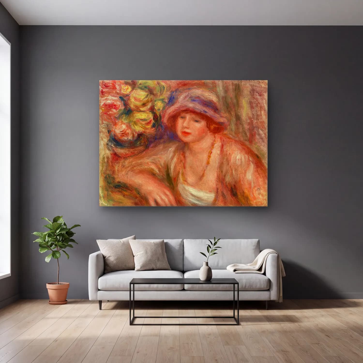 Pierre-Auguste Renoir – Woman Leaning (Femme accoudée) cam tablo — gri duvarlı salonda