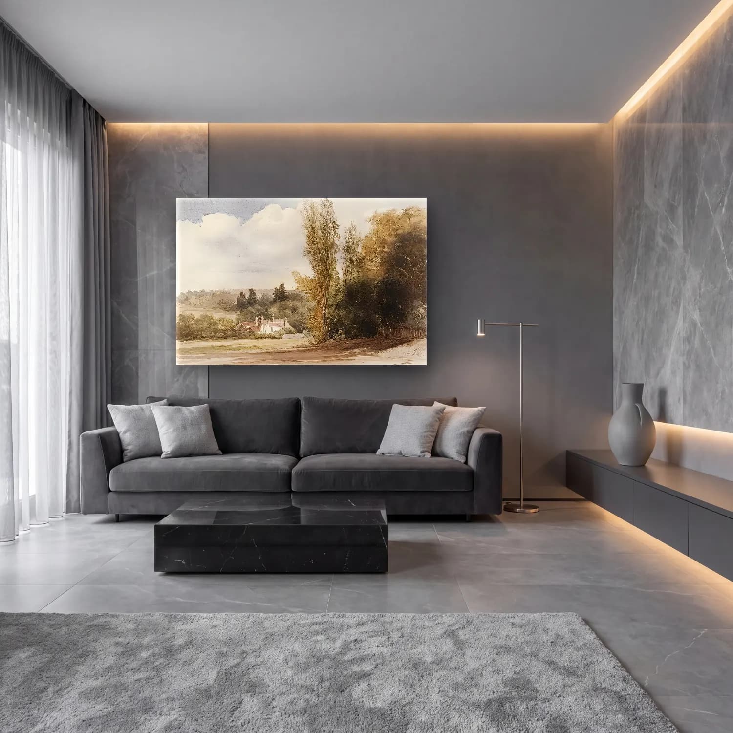 Suluboya Kır Evi No. 48 cam tablo — lüks salon duvarında