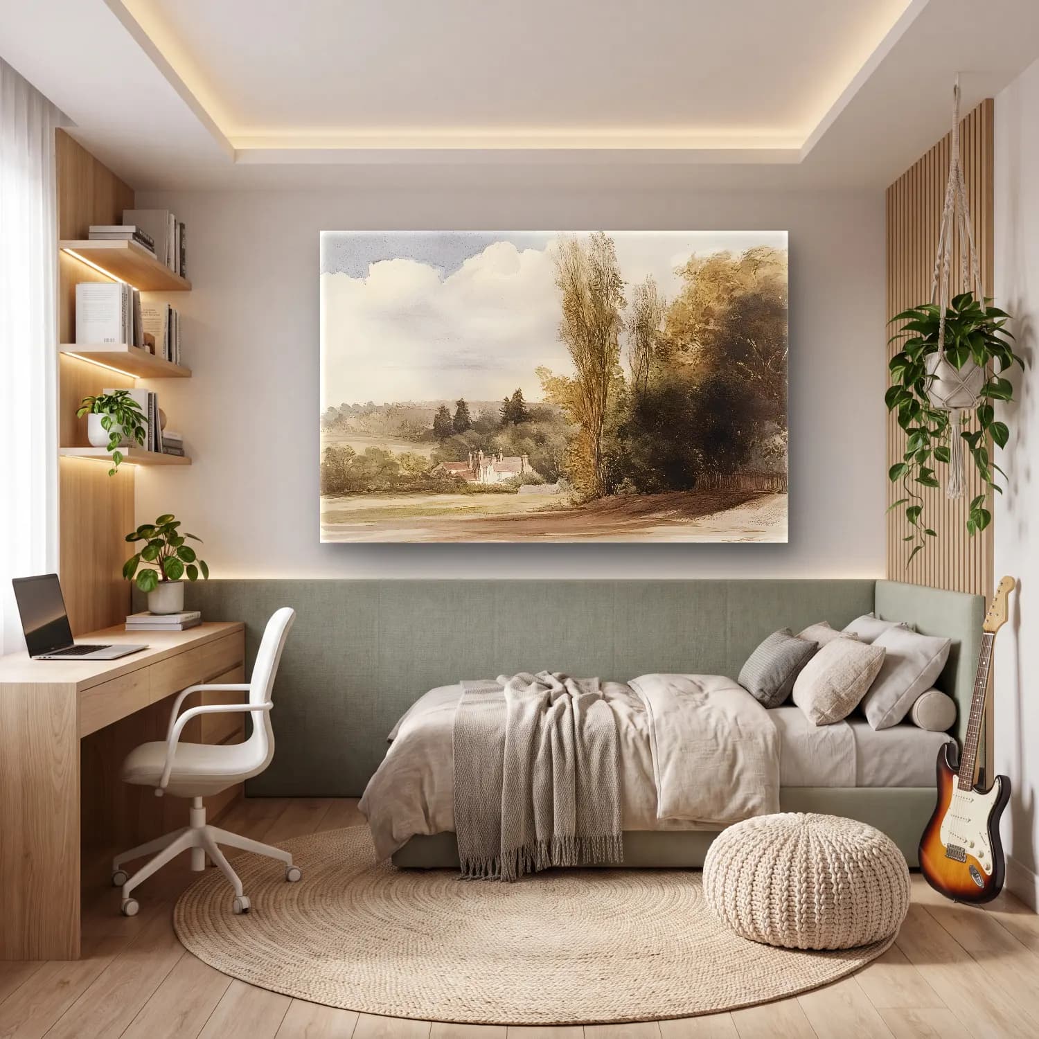 Suluboya Kır Evi No. 48 cam tablo — genç odasında