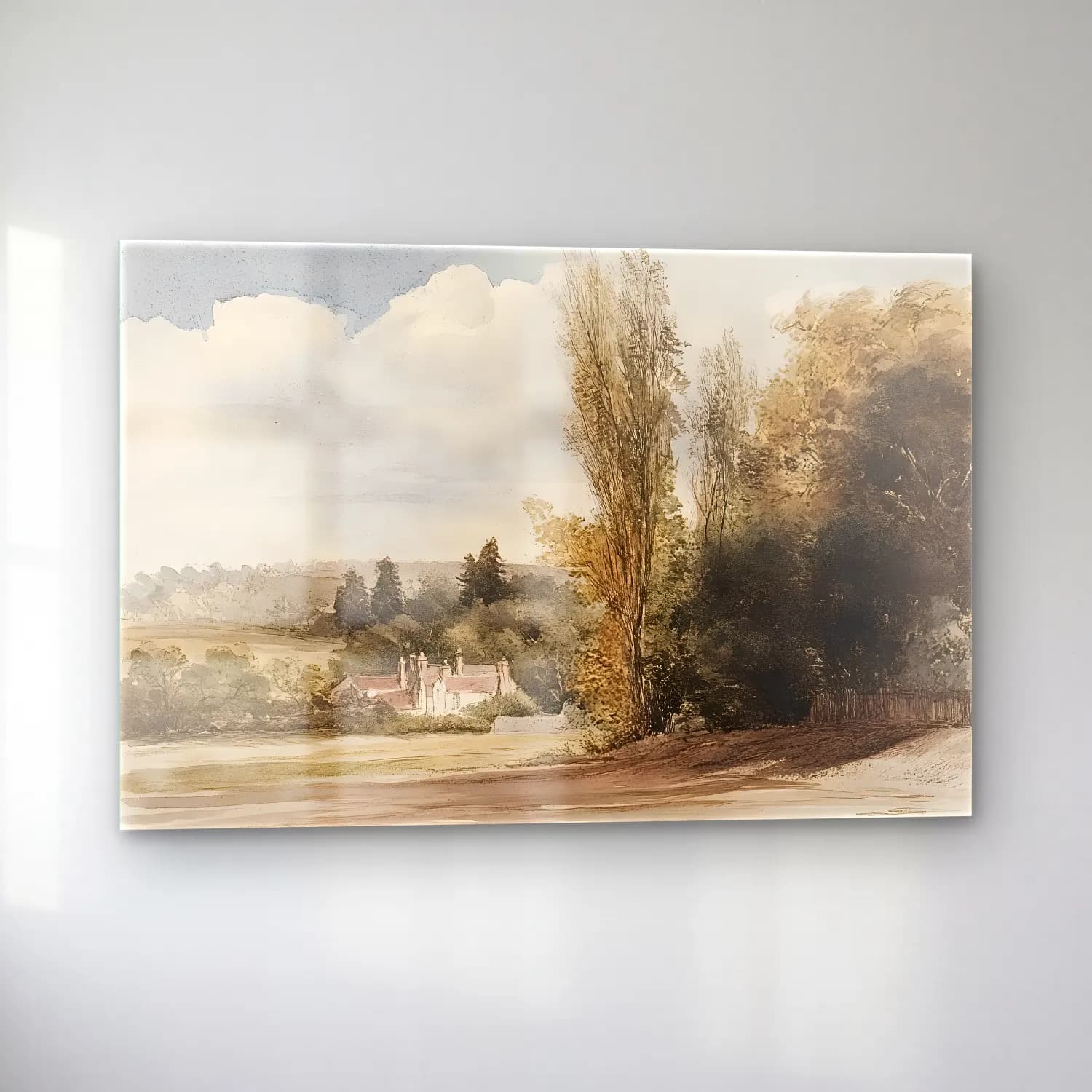 Suluboya Kır Evi No. 48 cam tablo — sol açıdan görünüm