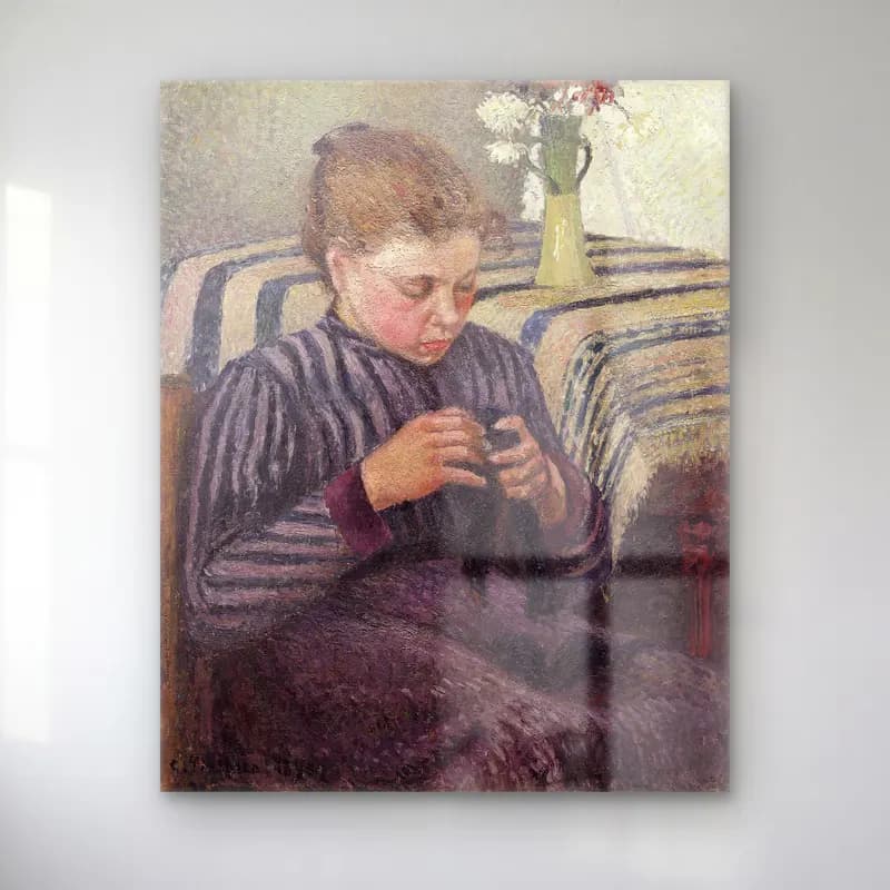 Camille Pissarro – Woman Mending cam tablo — Camille Pissarro – Woman Mending — empresyonist kız çocuğu portresi