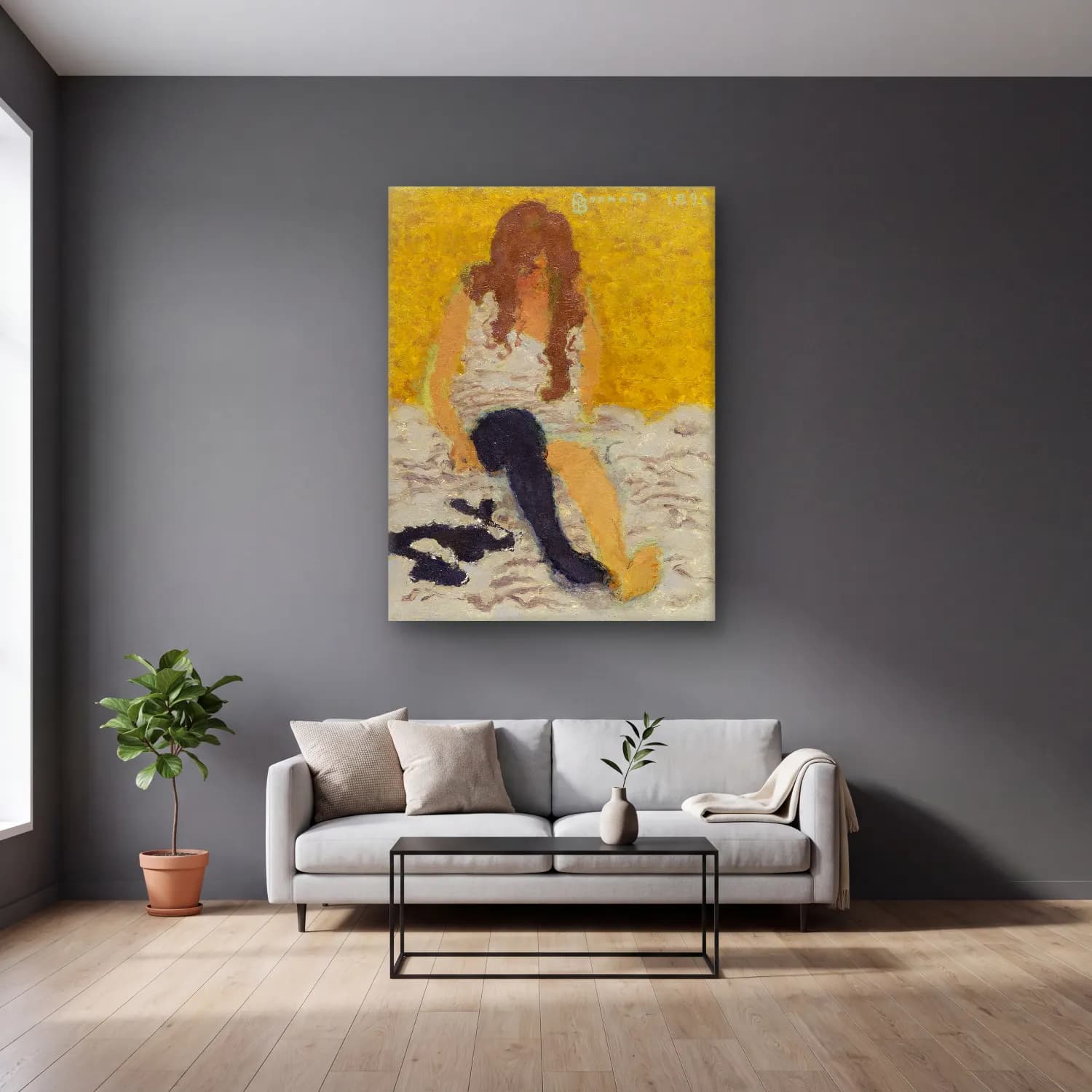 Pierre Bonnard – Woman Putting on Her Stockings cam tablo — gri duvarlı salonda