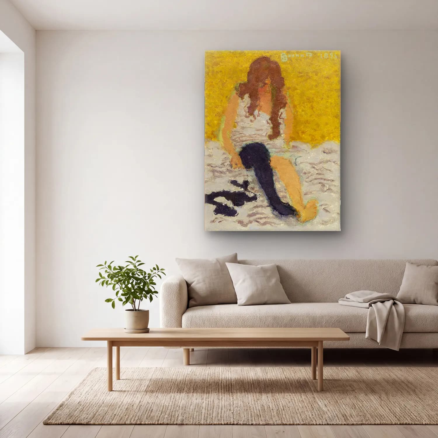 Pierre Bonnard – Woman Putting on Her Stockings cam tablo — açık renk salonda