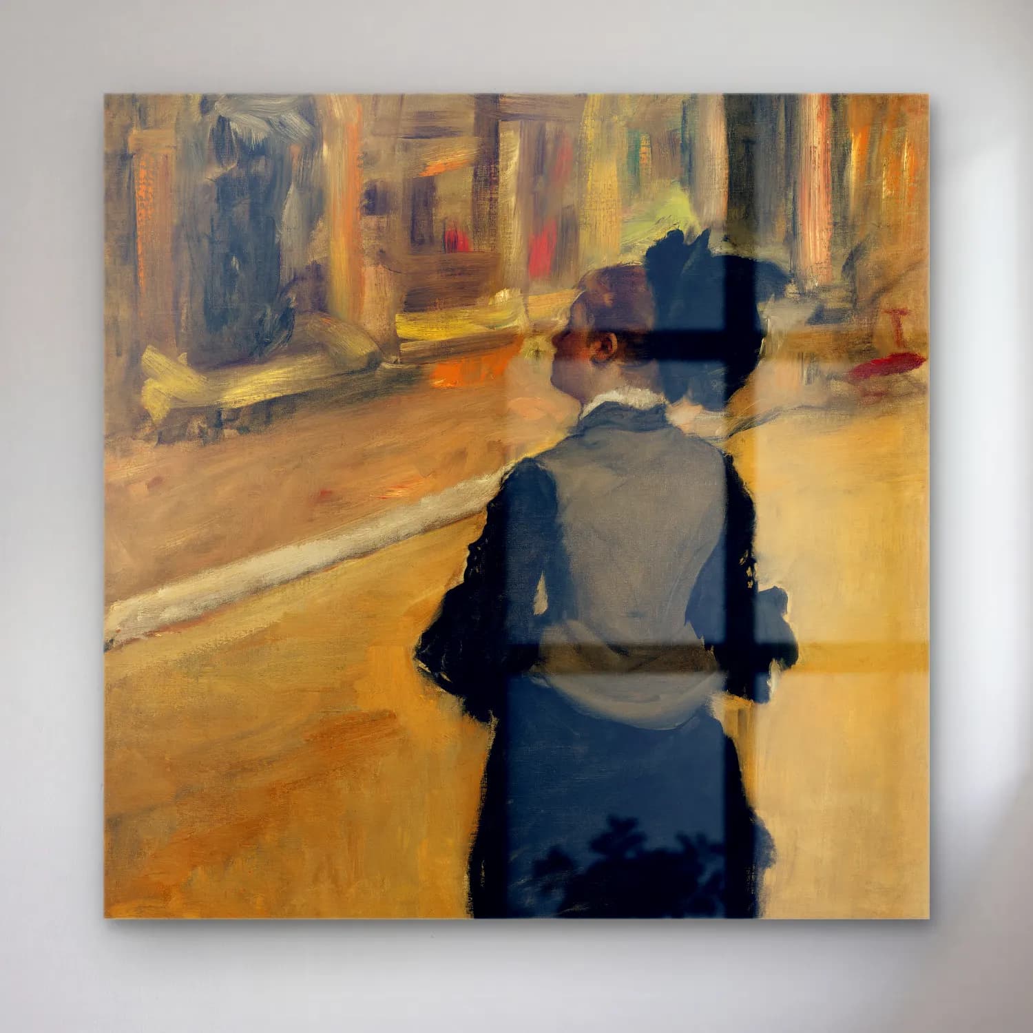 Edgar Degas – Woman Viewed from Behind (Visit to a Museum) (ca. 1879-1885) cam tablo — Edgar Degas – Woman Viewed from Behind (Visit to a Museum) (ca. 1879-1885) — empresyonist elbiseli kadın