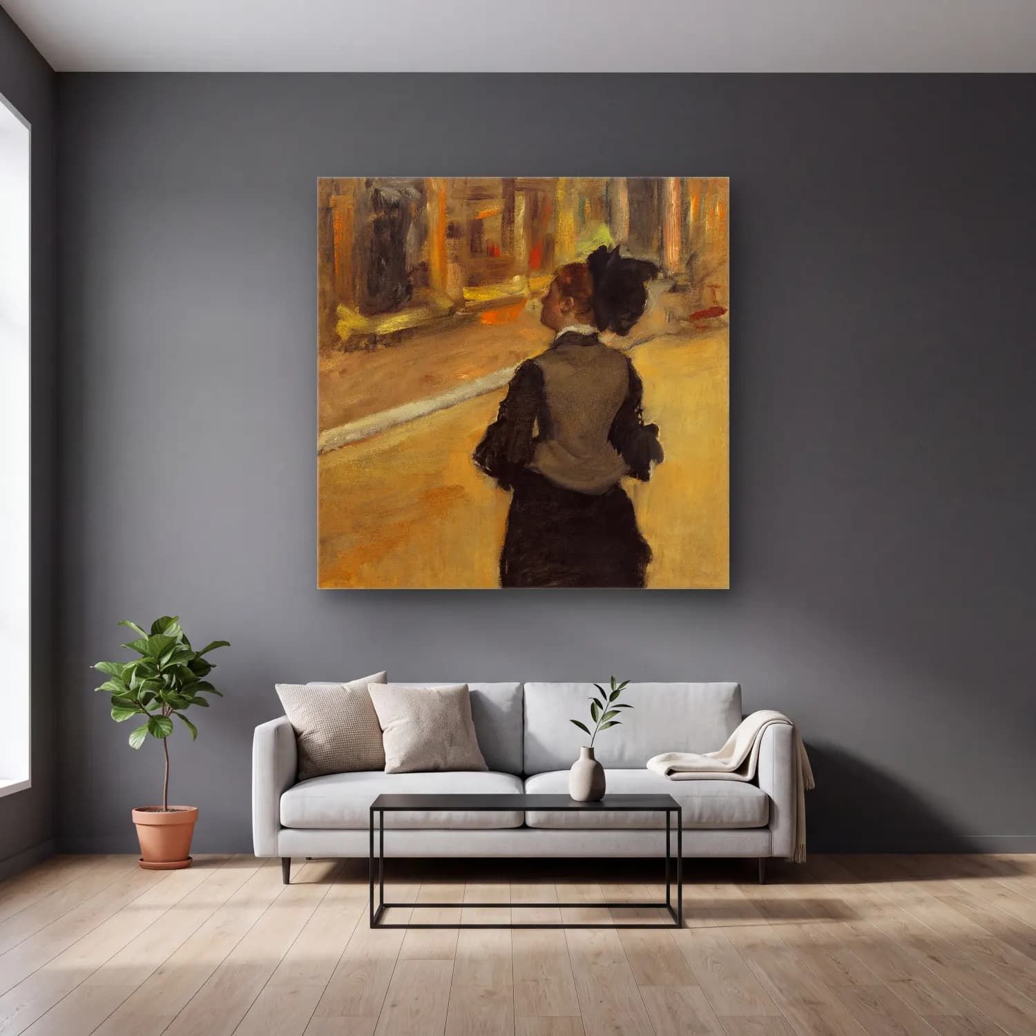 Edgar Degas – Woman Viewed from Behind (Visit to a Museum) (ca. 1879-1885) cam tablo — gri duvarlı salonda
