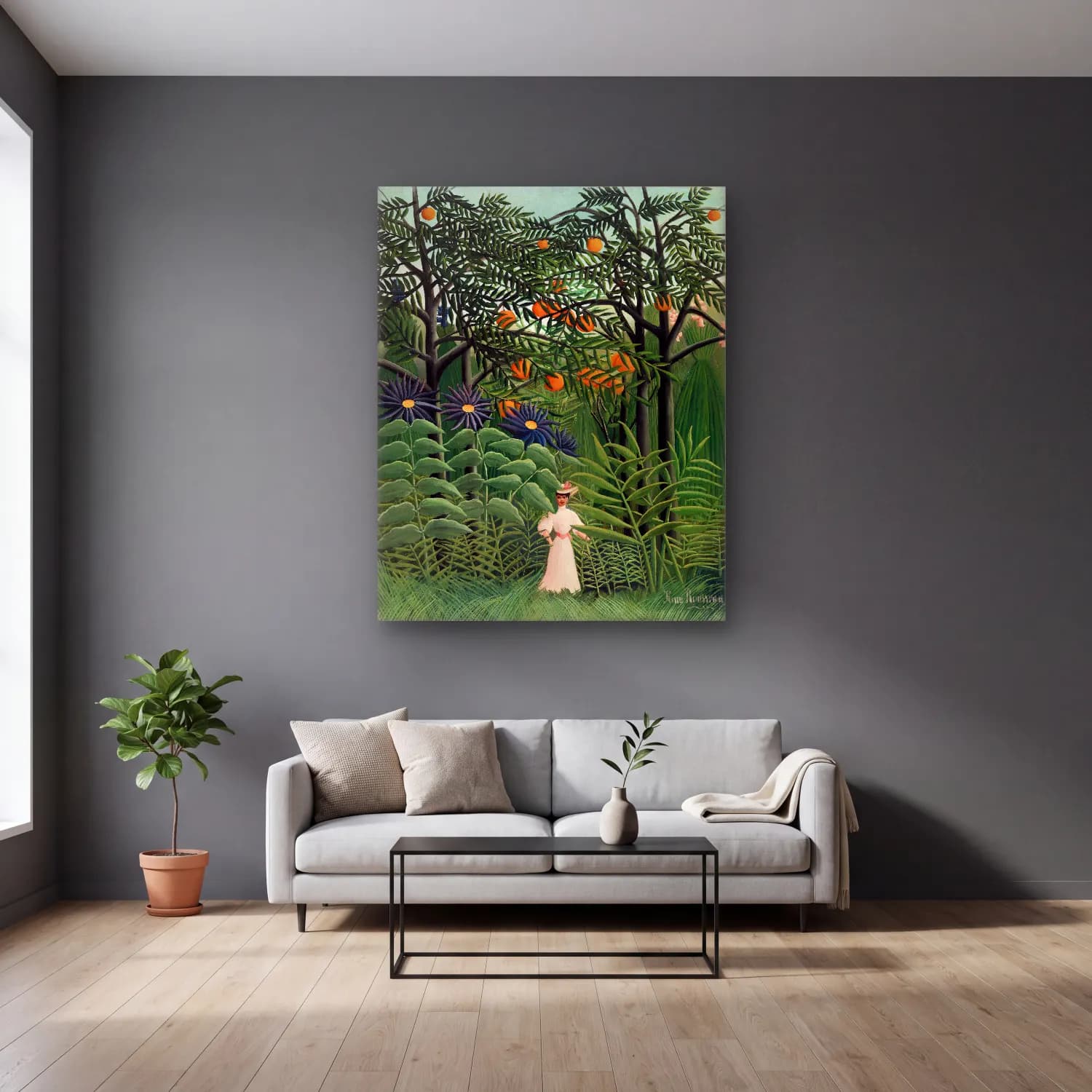 Henri Rousseau – Woman Walking in an Exotic Forest (Femme se promenant dans… cam tablo — gri duvarlı salonda
