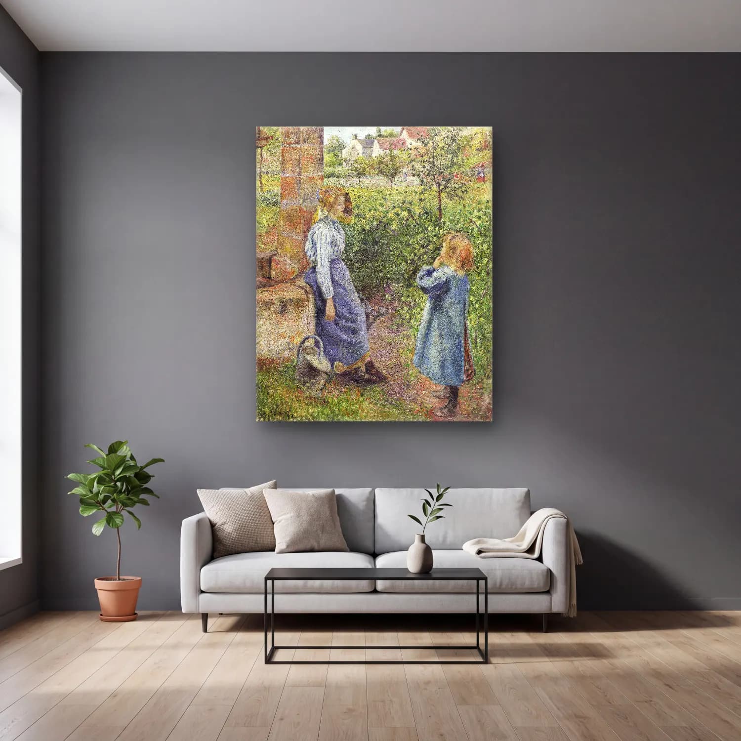 Camille Pissarro – Woman and Child at the Well cam tablo — gri duvarlı salonda