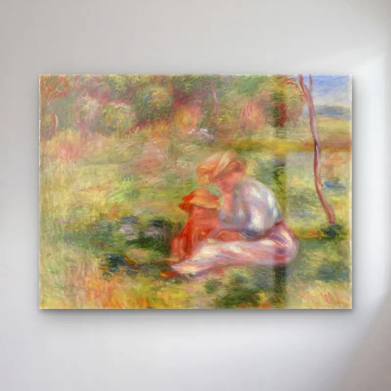 Pierre Auguste Renoir – Woman and Child in the Grass (Femme avec enfant sur l herbe) cam tablo — Pierre Auguste Renoir – Woman and Child in the Grass (Femme avec enfant sur l herbe) — empresyonist anne ve çocuk