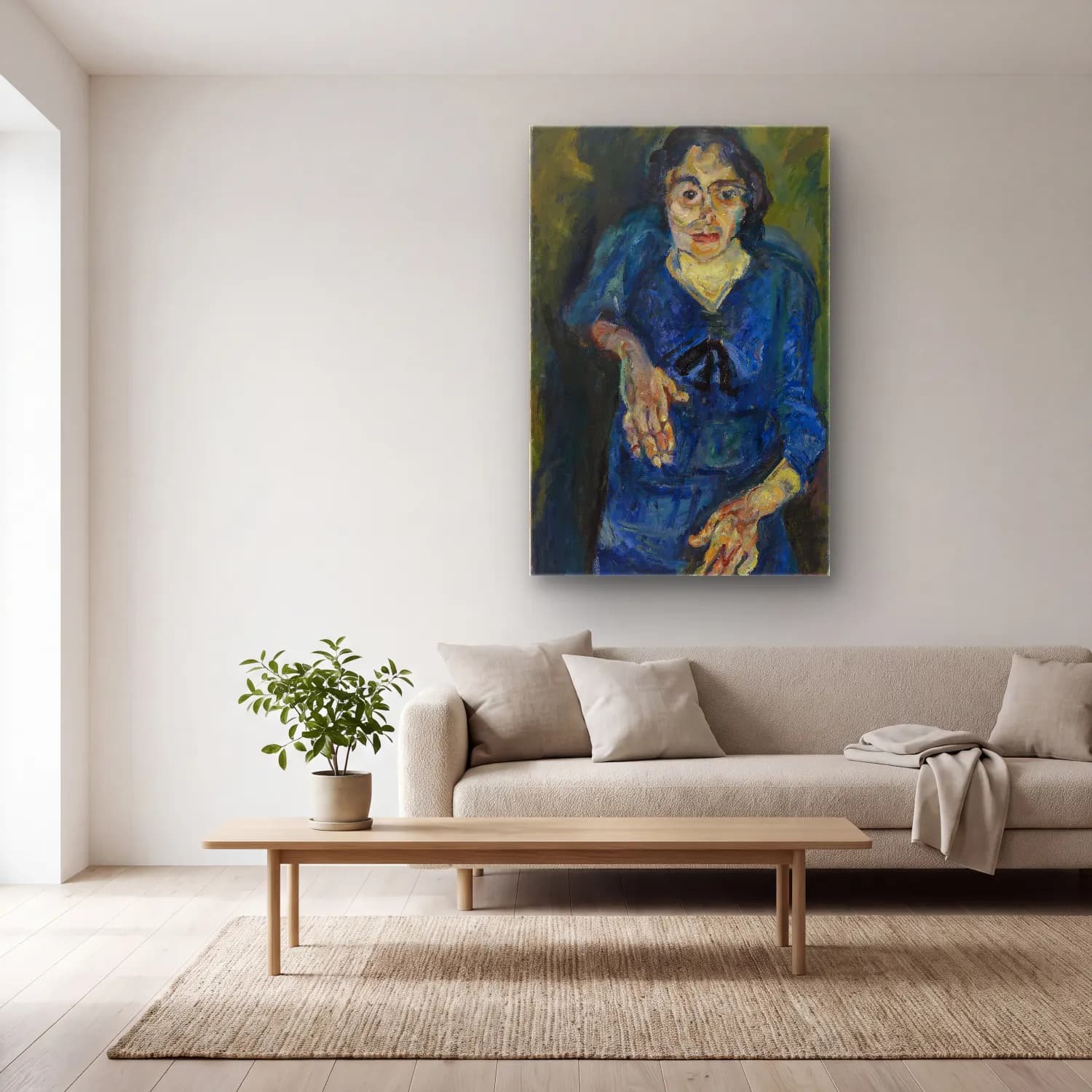 Chaim Soutine – Woman in Blue (La Femme en bleu) cam tablo — açık renk salonda