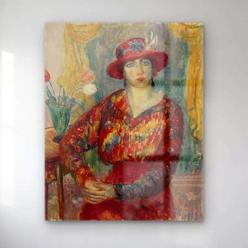 William James Glackens – Woman in Red Blouse with Tulips cam tablo — William James Glackens – Woman in Red Blouse with Tulips — empresyonist şapkalı kadın