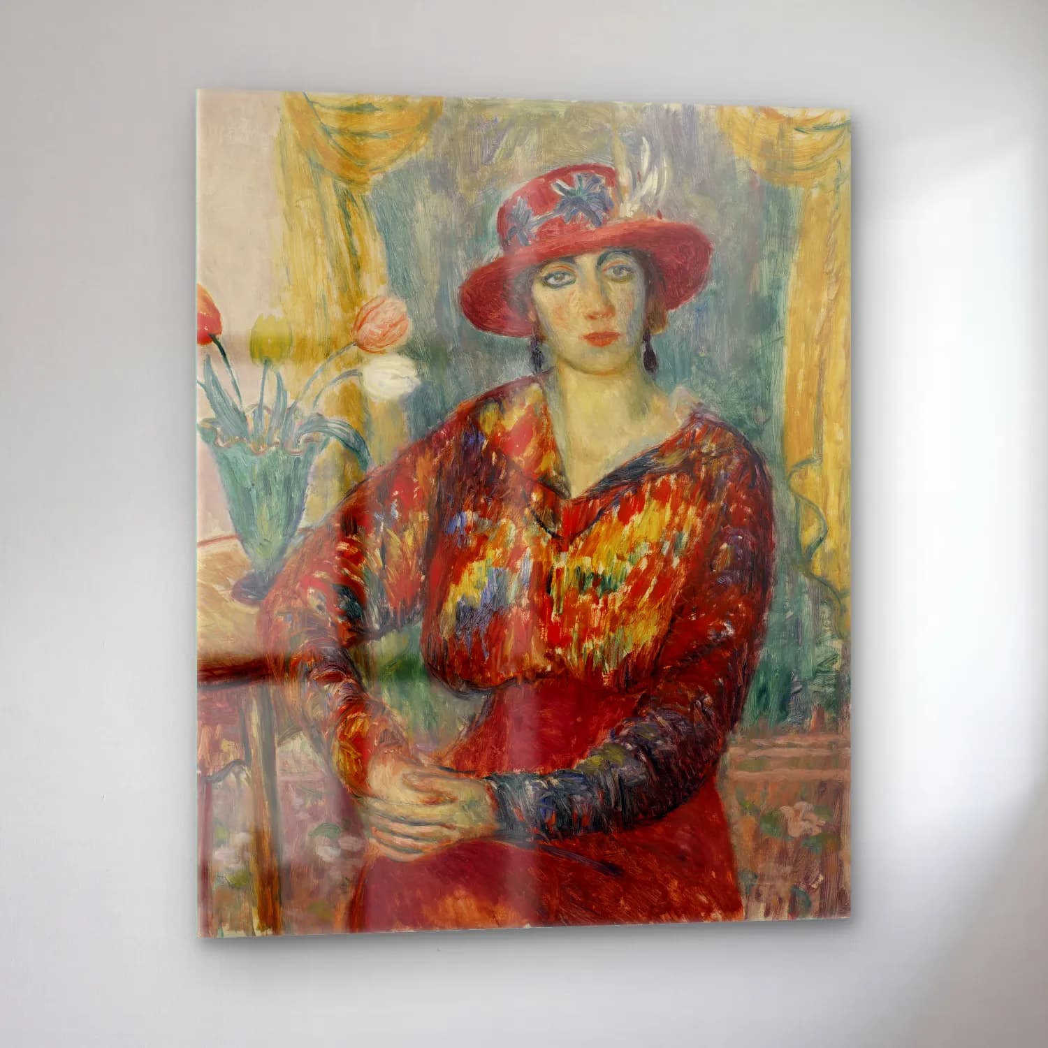 William James Glackens – Woman in Red Blouse with Tulips cam tablo — sol açıdan görünüm