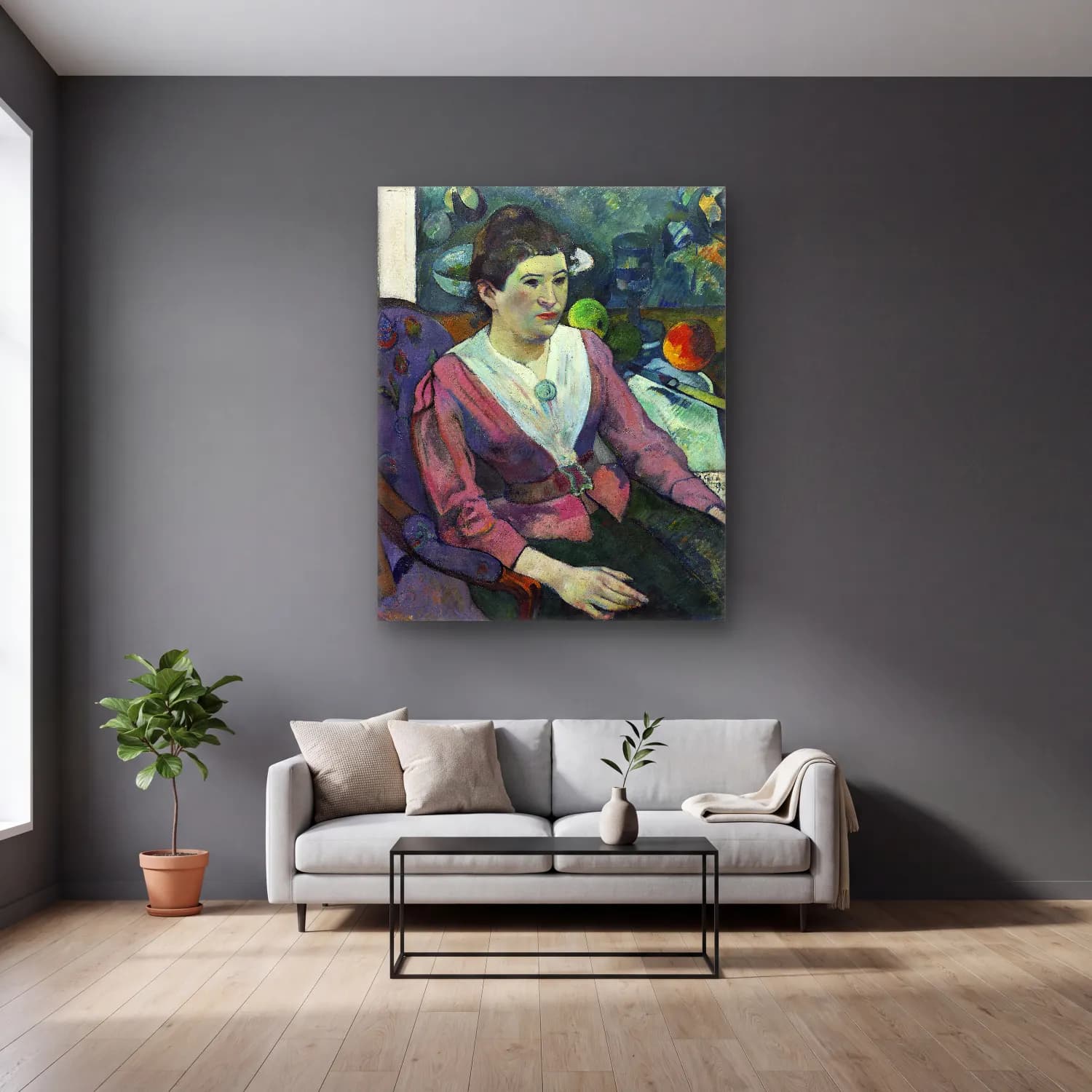 Paul Gauguin – Woman in front of a Still Life cam tablo — gri duvarlı salonda