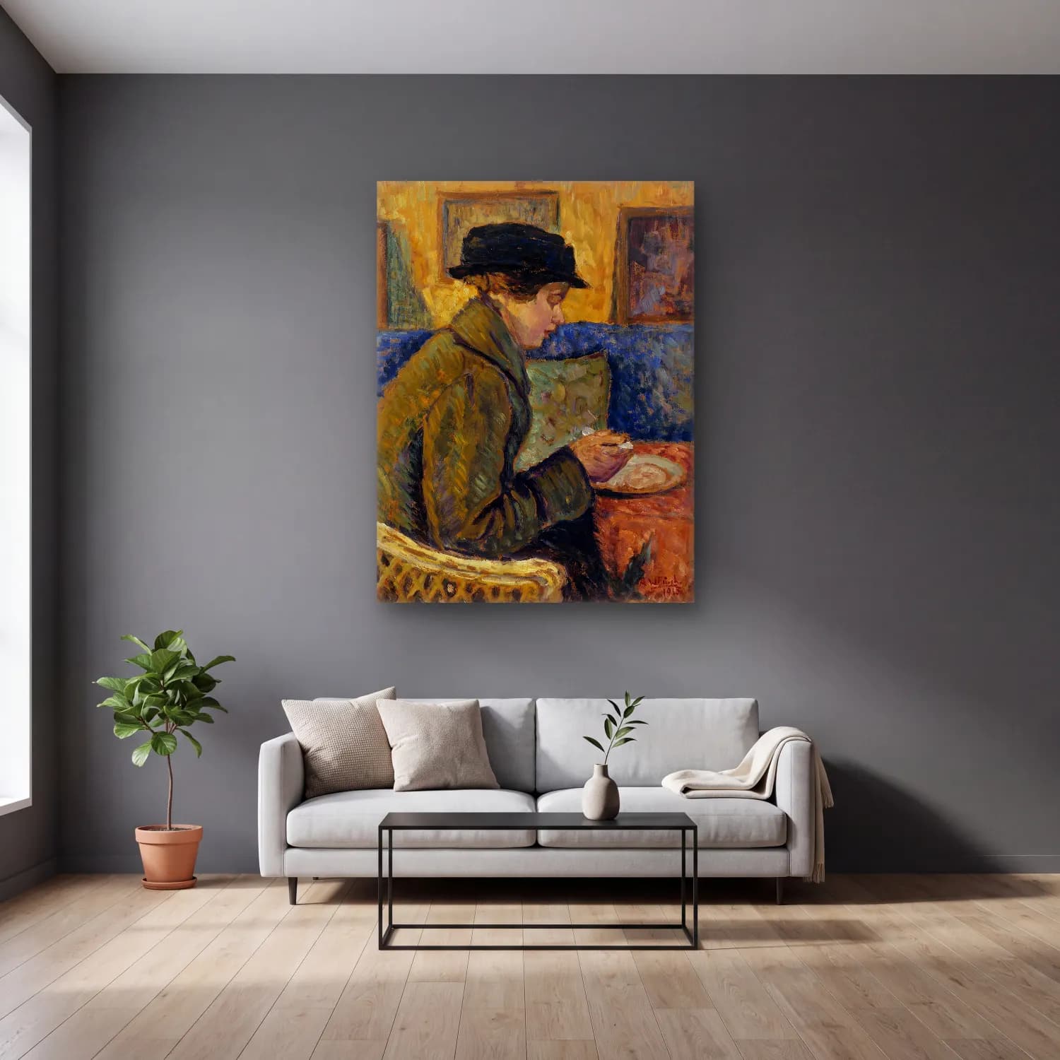 Alfred William Finch – Woman in profile, 1915 cam tablo — gri duvarlı salonda
