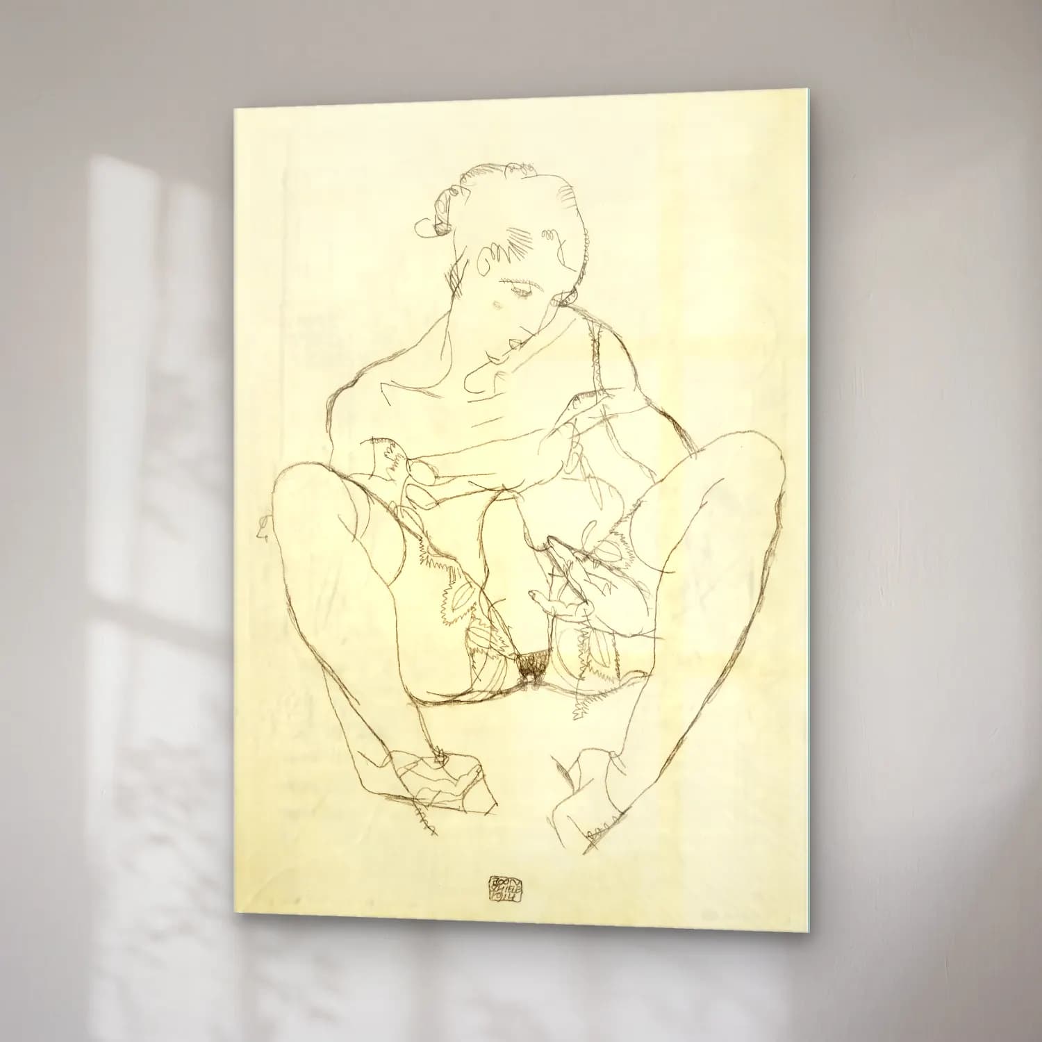 Egon Schiele – Woman spreading legs. Seated Woman in Chemise cam tablo — sağ açıdan görünüm