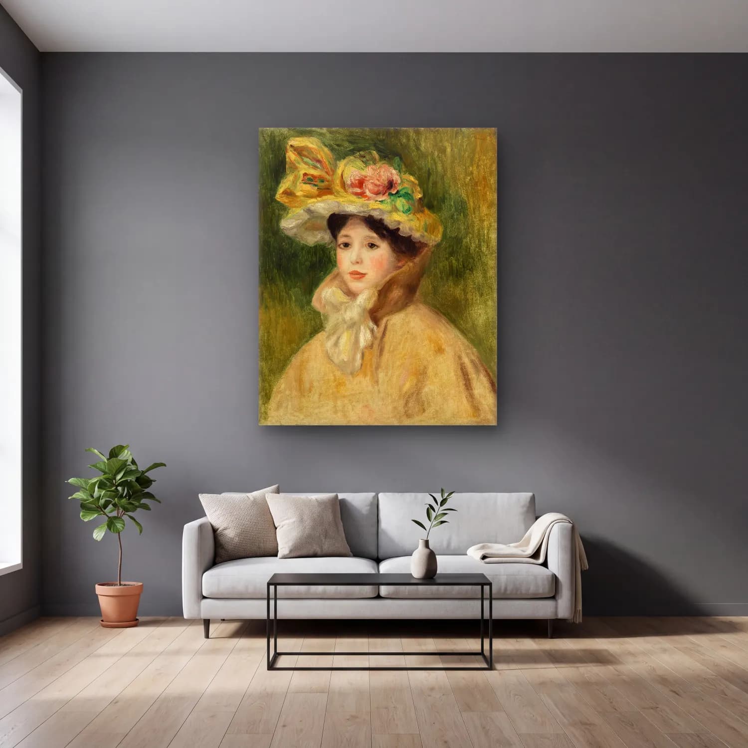Pierre Auguste Renoir – Woman with Capeline (Femme Ã la capeline) cam tablo — gri duvarlı salonda