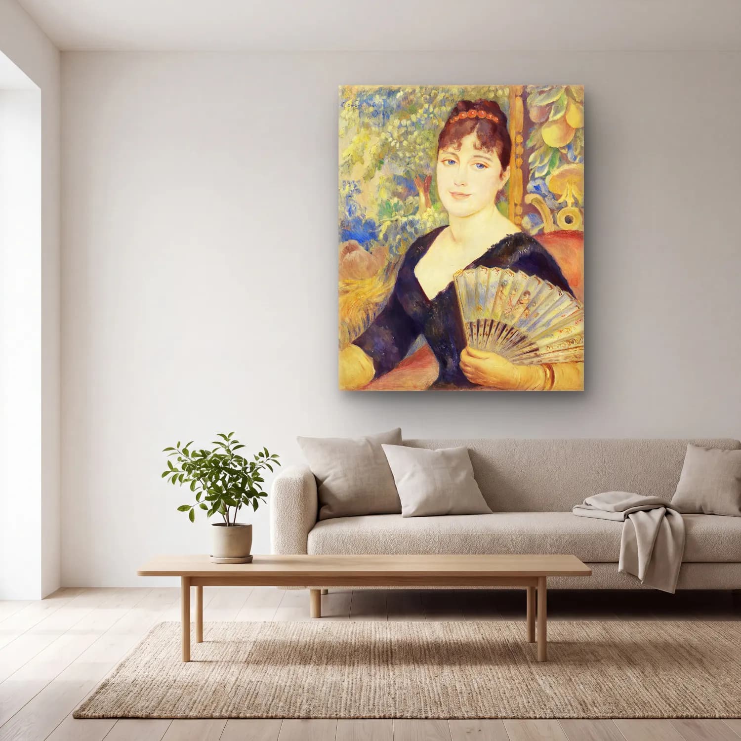 Pierre-Auguste Renoir – Woman with Fan (Femme à l éventail) cam tablo — açık renk salonda