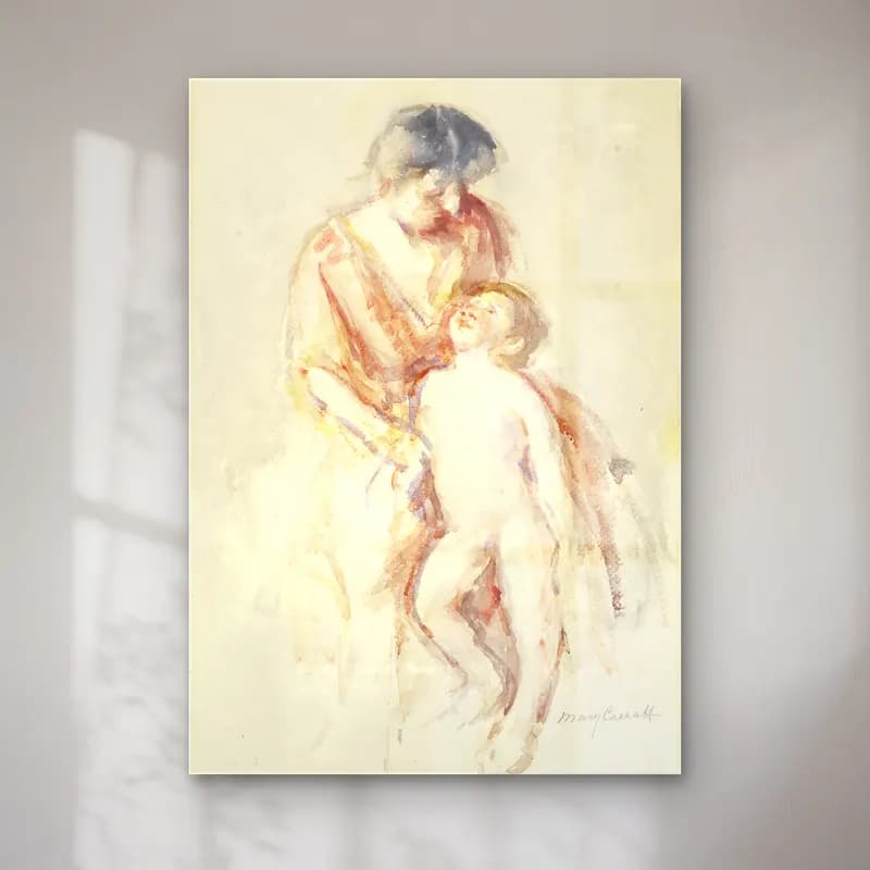 Mary Cassatt – Woman with Nude Boy at Her Left cam tablo — Mary Cassatt – Woman with Nude Boy at Her Left — suluboya anne ve çocuk