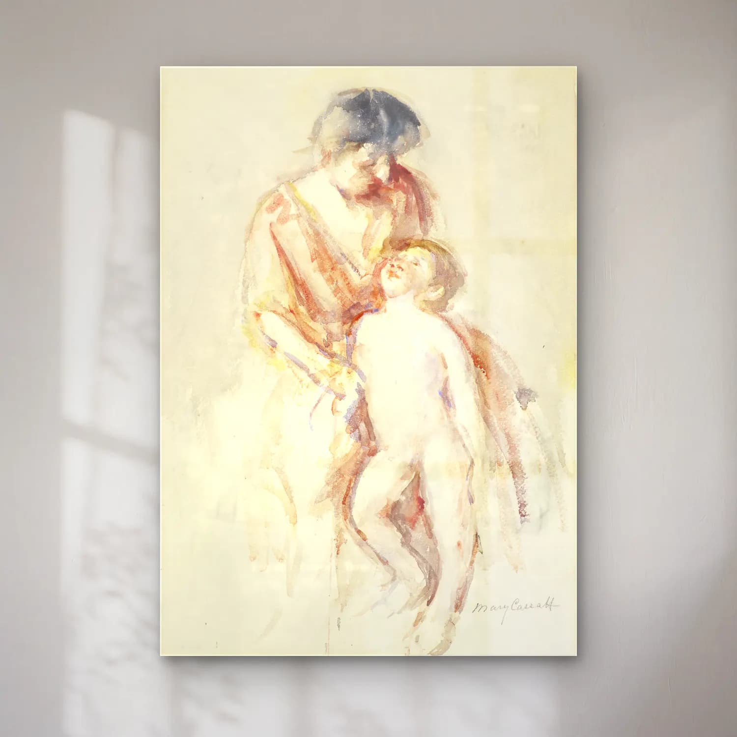 Mary Cassatt – Woman with Nude Boy at Her Left cam tablo — Mary Cassatt – Woman with Nude Boy at Her Left — suluboya anne ve çocuk