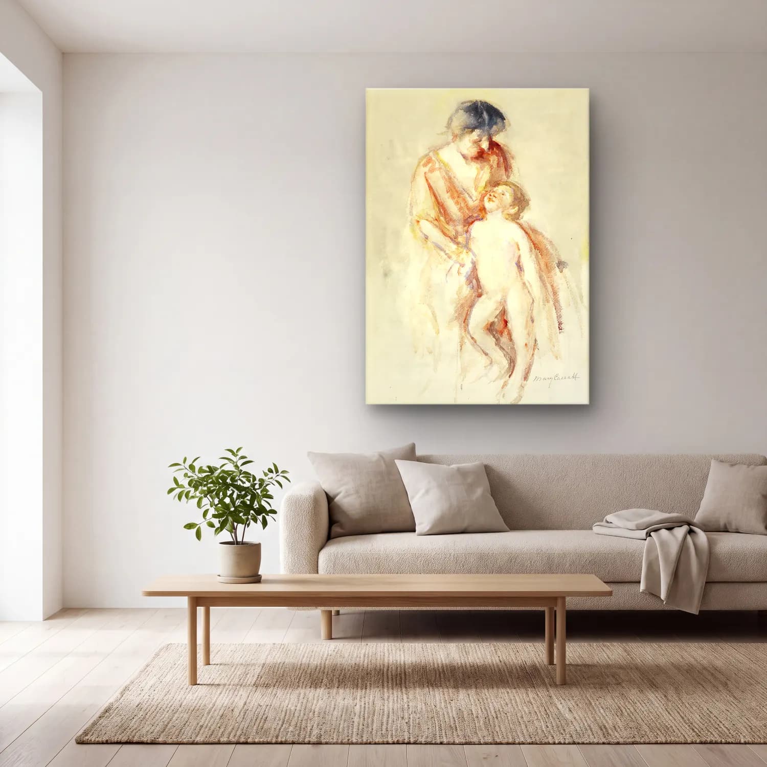Mary Cassatt – Woman with Nude Boy at Her Left cam tablo — açık renk salonda
