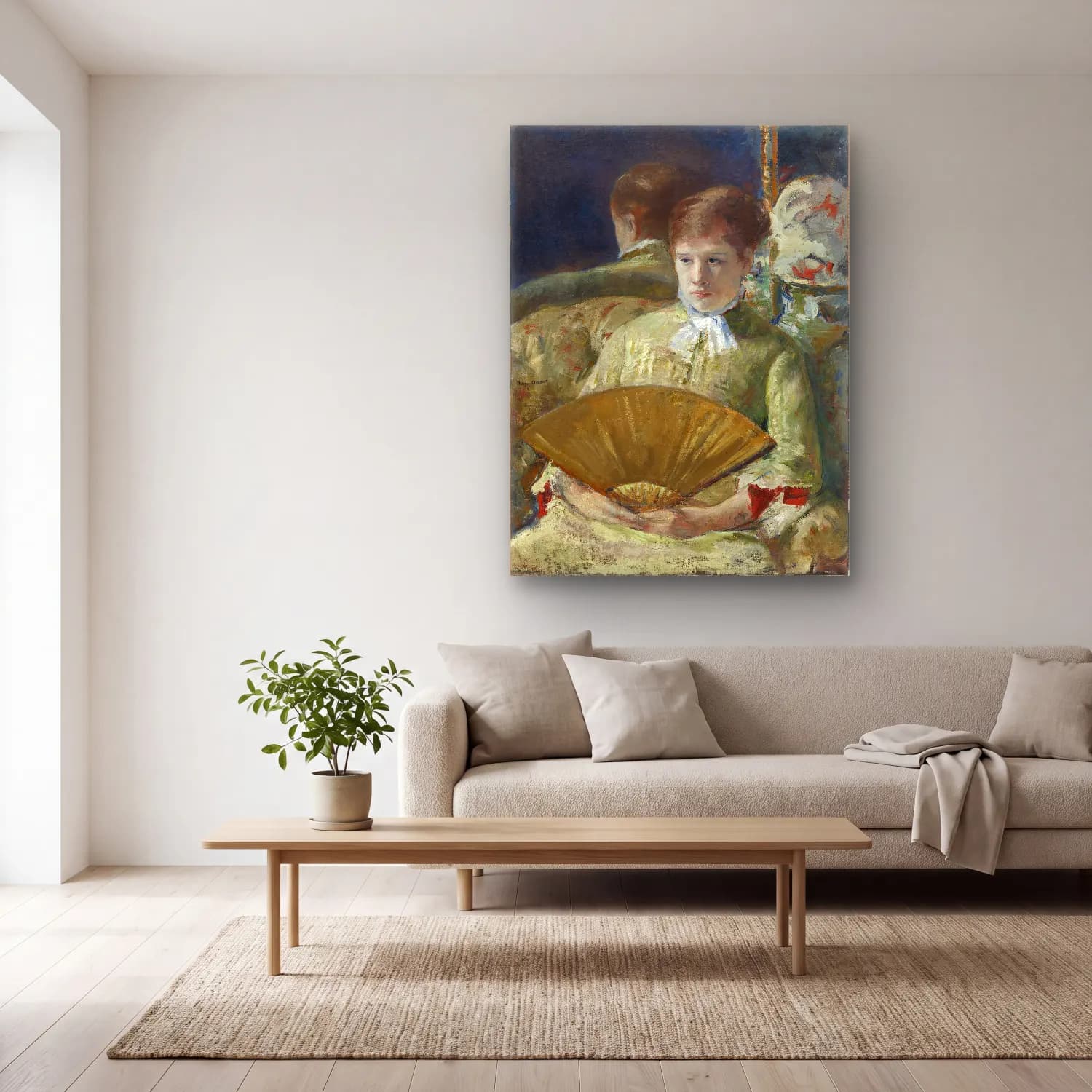 Mary Cassatt – Woman with a Fan – Yeşil Tonlar cam tablo — açık renk salonda
