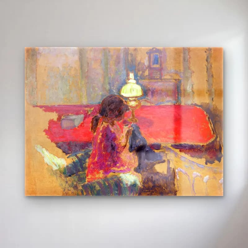 Pierre Bonnard – Woman with a Lamp – Kırmızı Tonlar cam tablo — Pierre Bonnard – Woman with a Lamp – Kırmızı Tonlar — empresyonist kitap okuyan kadın