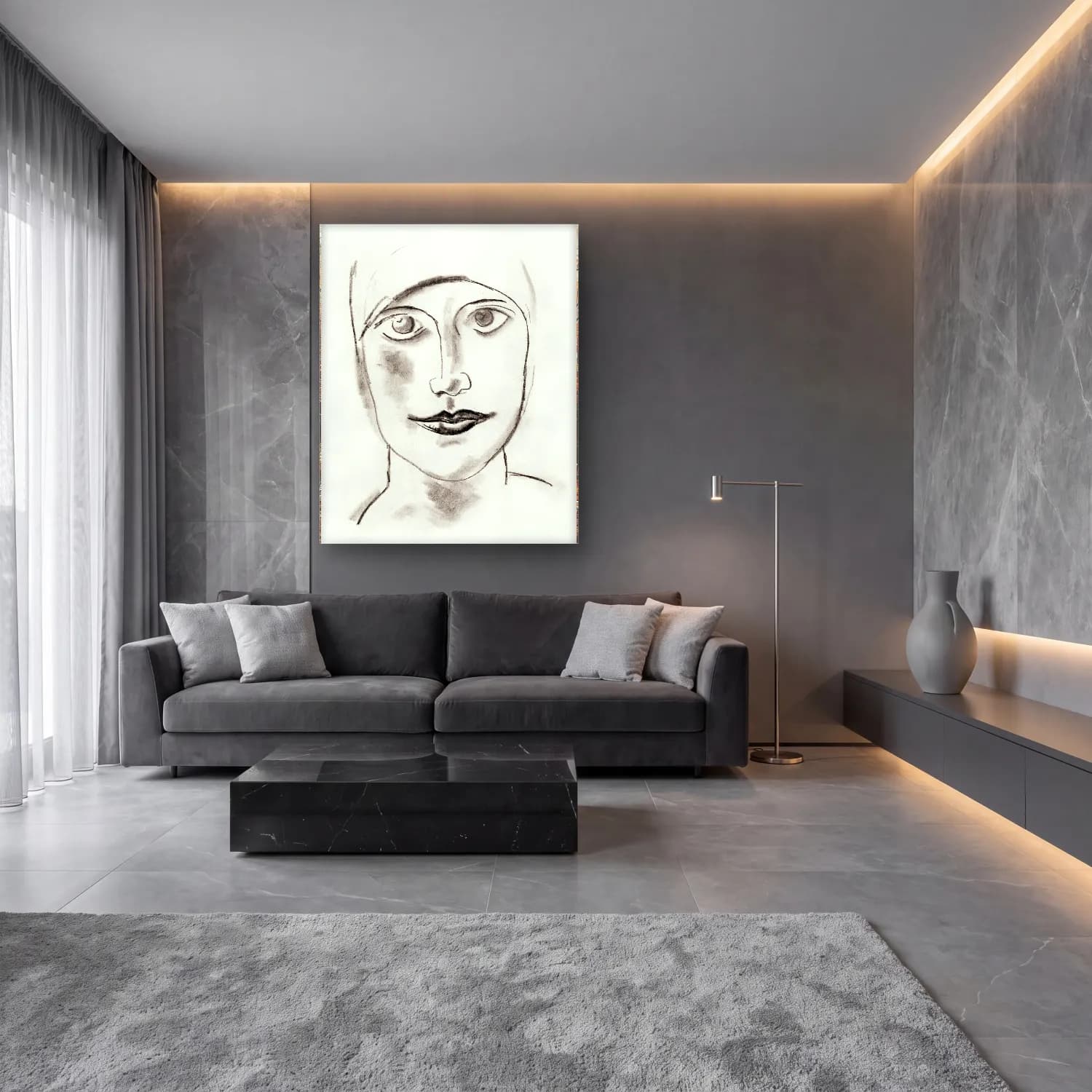 Siyah Beyaz Çizgi Yüz No. 6 cam tablo — lüks salon duvarında