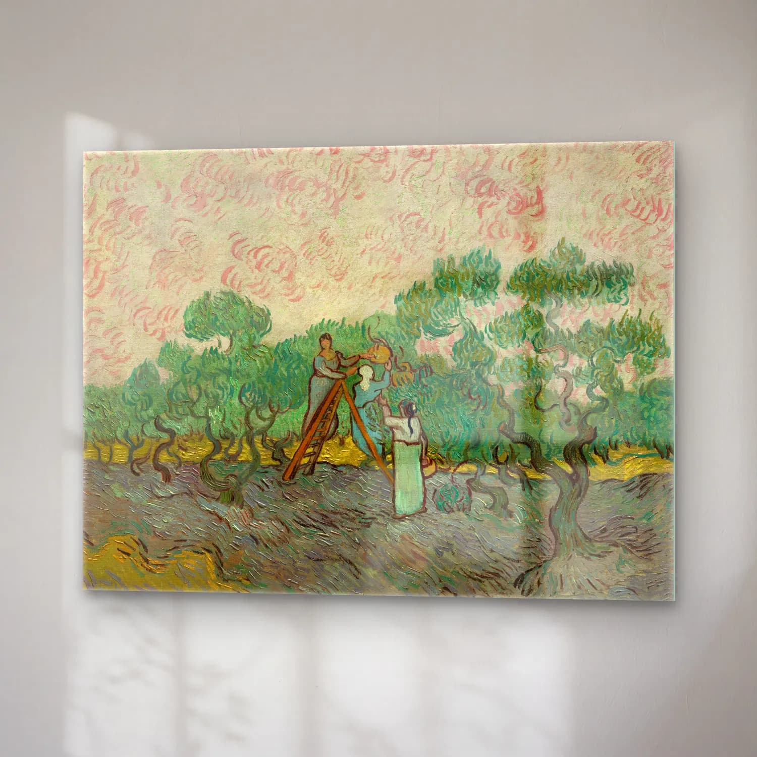 Vincent van Gogh – Women Picking Olives – Bej Tonlar cam tablo — sağ açıdan görünüm