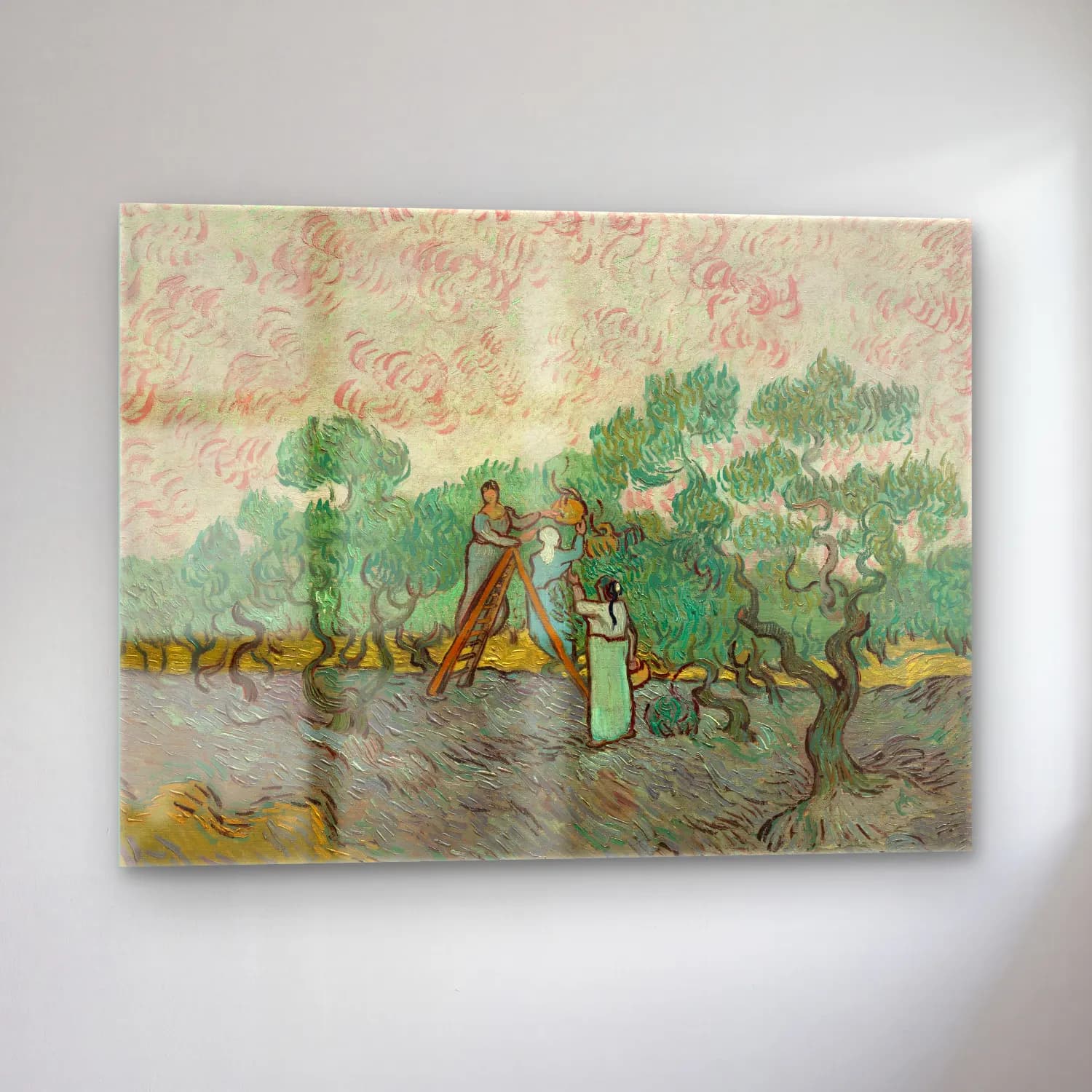 Vincent van Gogh – Women Picking Olives – Bej Tonlar cam tablo — sol açıdan görünüm