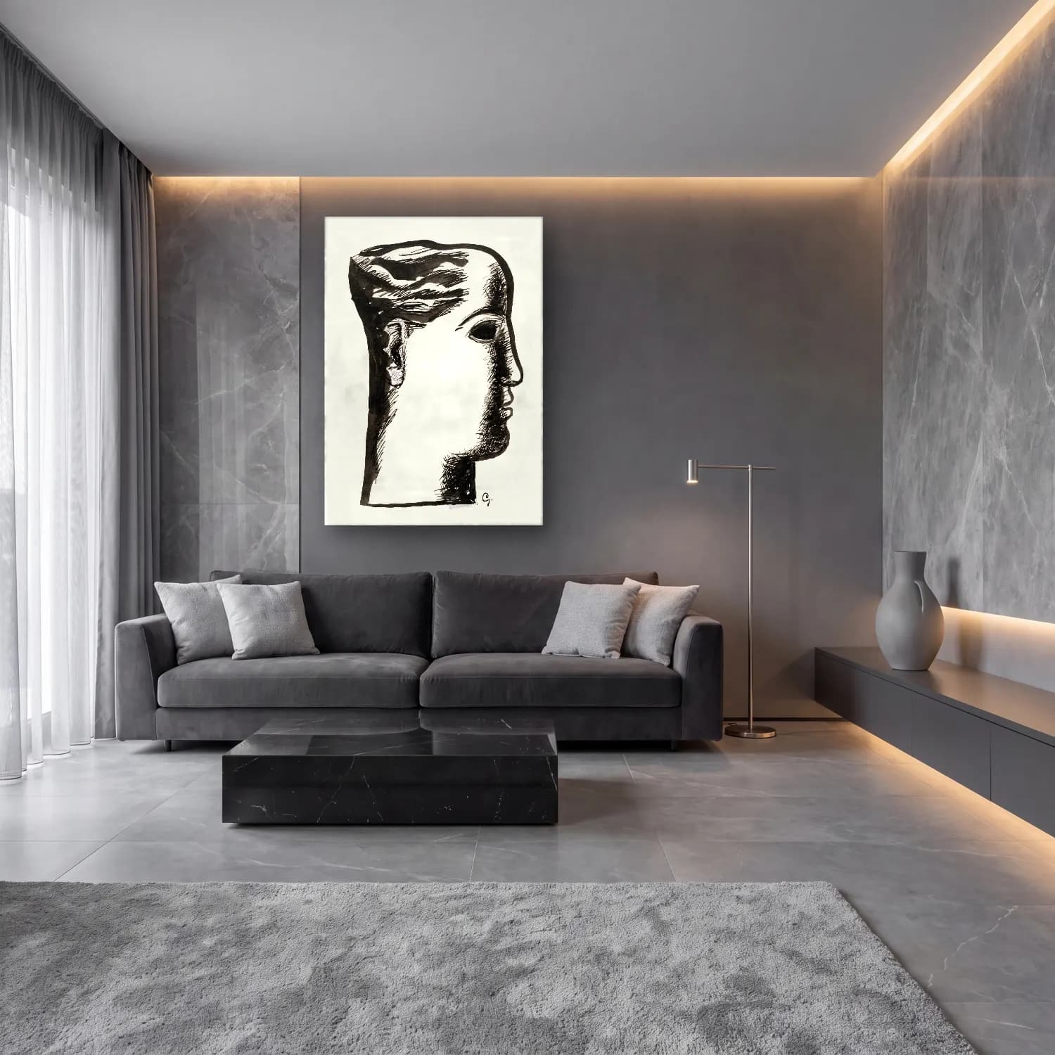 Siyah Beyaz Çizgi Yüz No. 7 cam tablo — lüks salon duvarında
