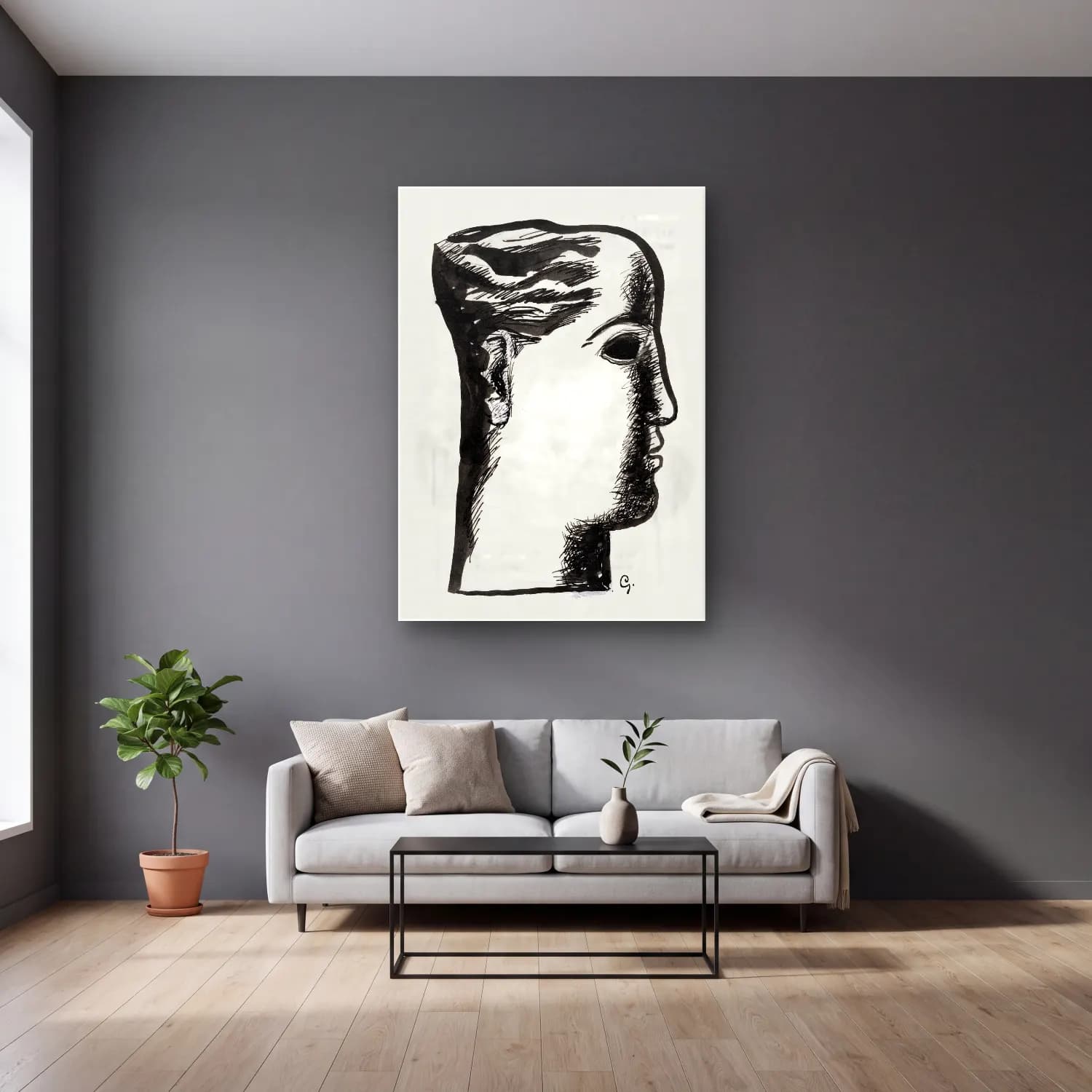 Siyah Beyaz Çizgi Yüz No. 7 cam tablo — gri duvarlı salonda