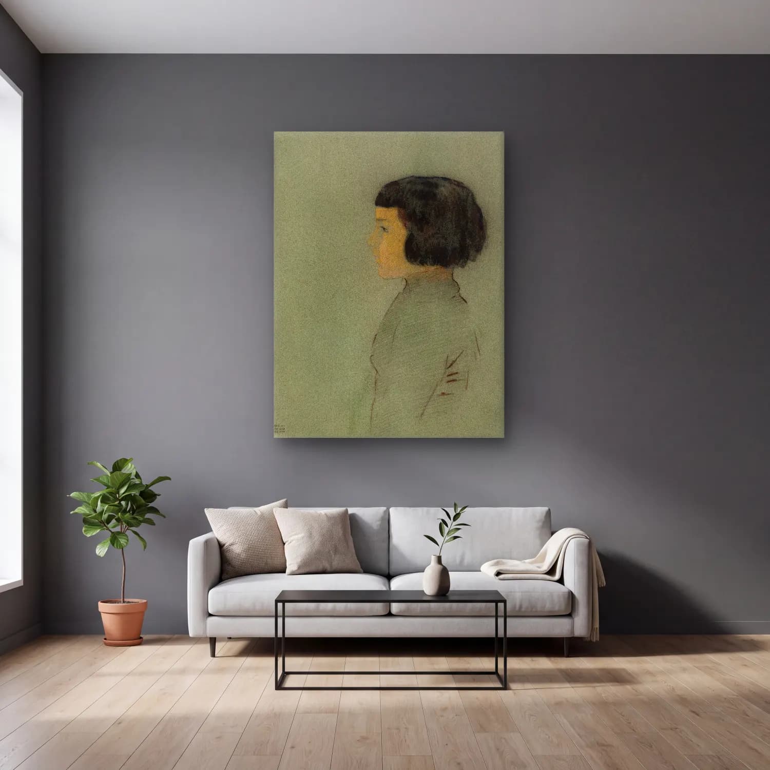 Odilon Redon – Young Woman in Profile cam tablo — gri duvarlı salonda