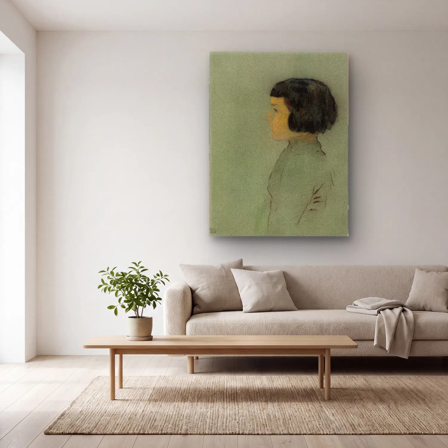 Odilon Redon – Young Woman in Profile cam tablo — açık renk salonda