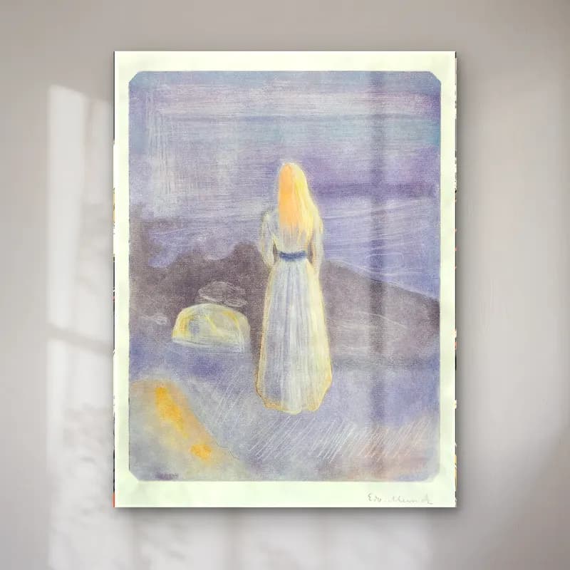 Edvard Munch – Young Woman on the Beach – Pastel Tonlar cam tablo — Edvard Munch – Young Woman on the Beach – Pastel Tonlar — suluboya elbiseli kadın