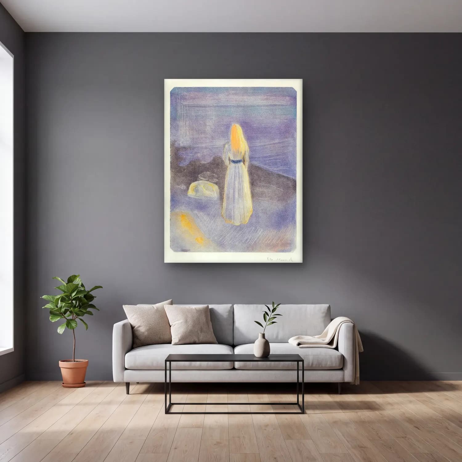 Edvard Munch – Young Woman on the Beach – Pastel Tonlar cam tablo — gri duvarlı salonda