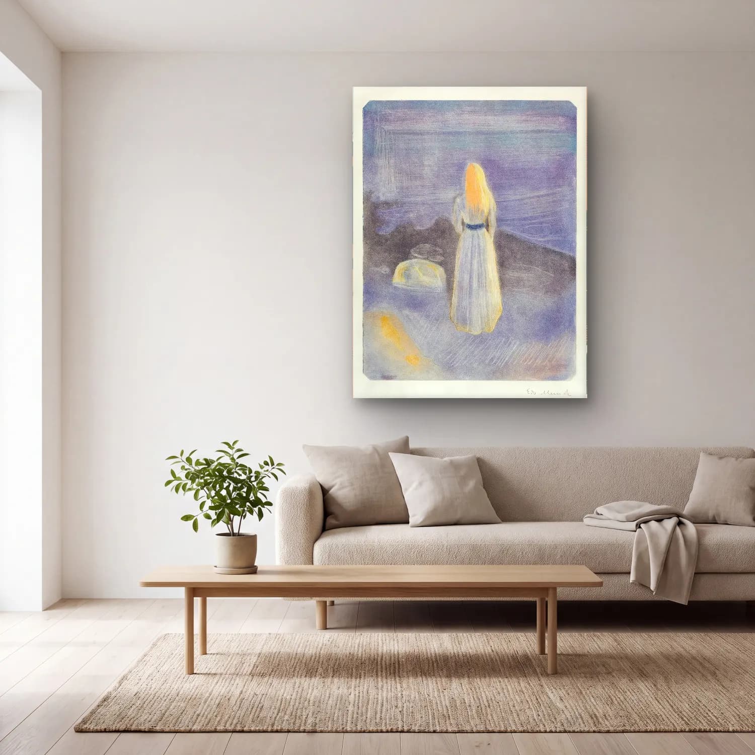 Edvard Munch – Young Woman on the Beach – Pastel Tonlar cam tablo — açık renk salonda