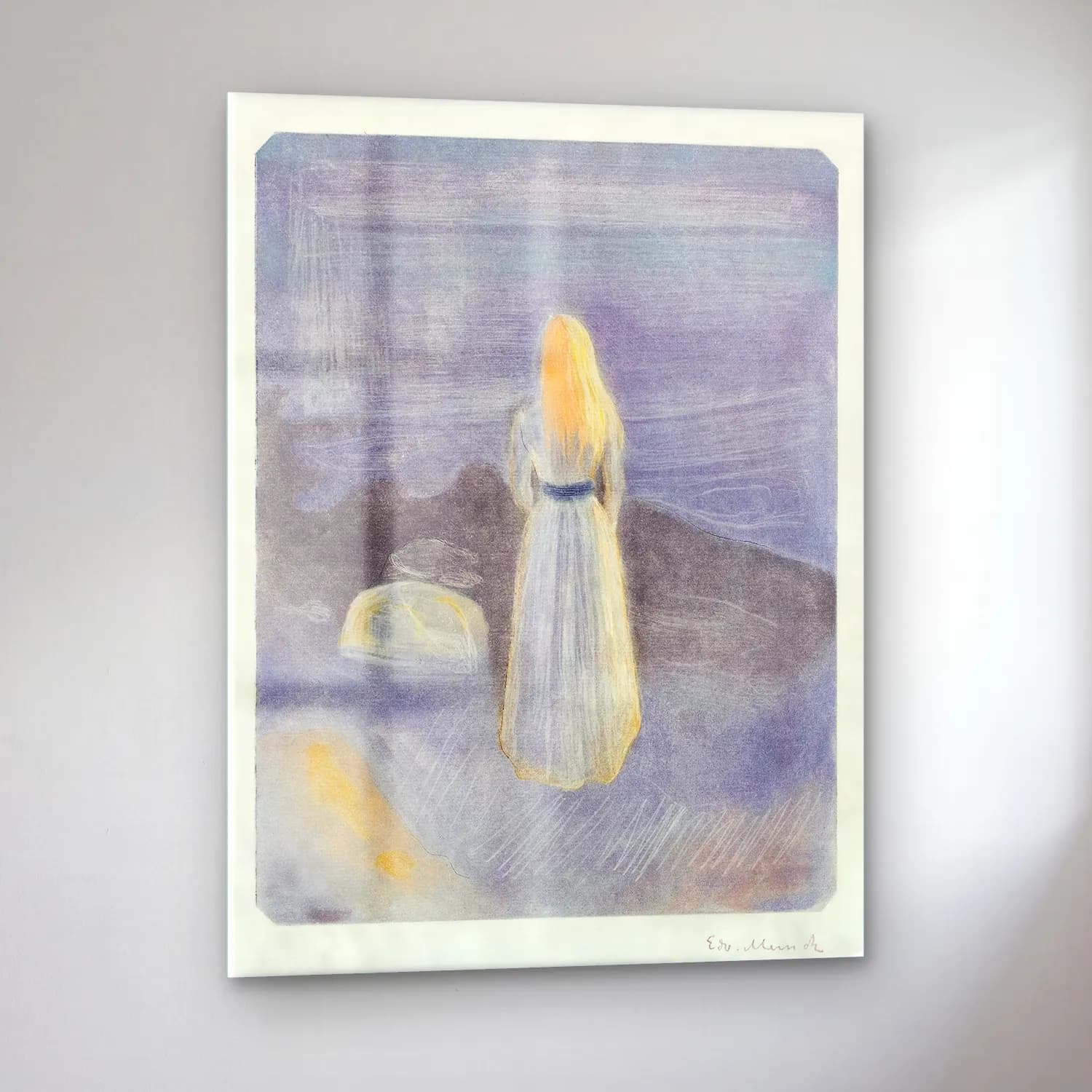 Edvard Munch – Young Woman on the Beach – Pastel Tonlar cam tablo — sol açıdan görünüm
