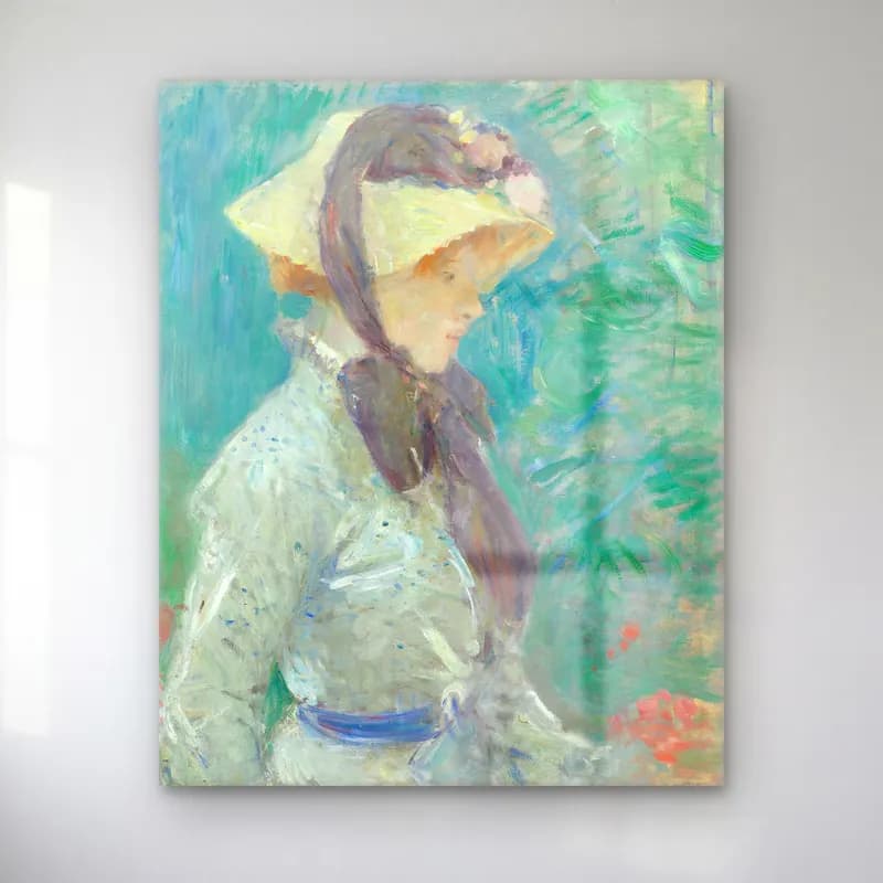 Berthe Morisot – Young Woman with a Straw Hat – Pastel Tonlar cam tablo — Berthe Morisot – Young Woman with a Straw Hat – Pastel Tonlar — empresyonist şapkalı kadın