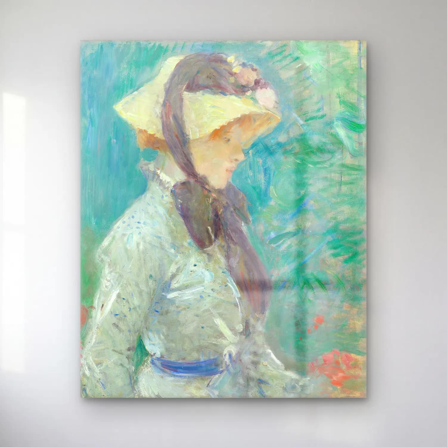 Berthe Morisot – Young Woman with a Straw Hat – Pastel Tonlar cam tablo — Berthe Morisot – Young Woman with a Straw Hat – Pastel Tonlar — empresyonist şapkalı kadın
