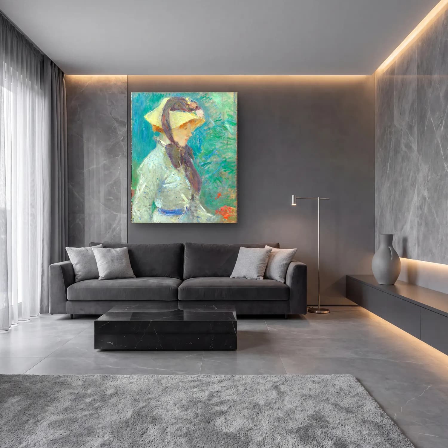 Berthe Morisot – Young Woman with a Straw Hat – Pastel Tonlar cam tablo — lüks salon duvarında