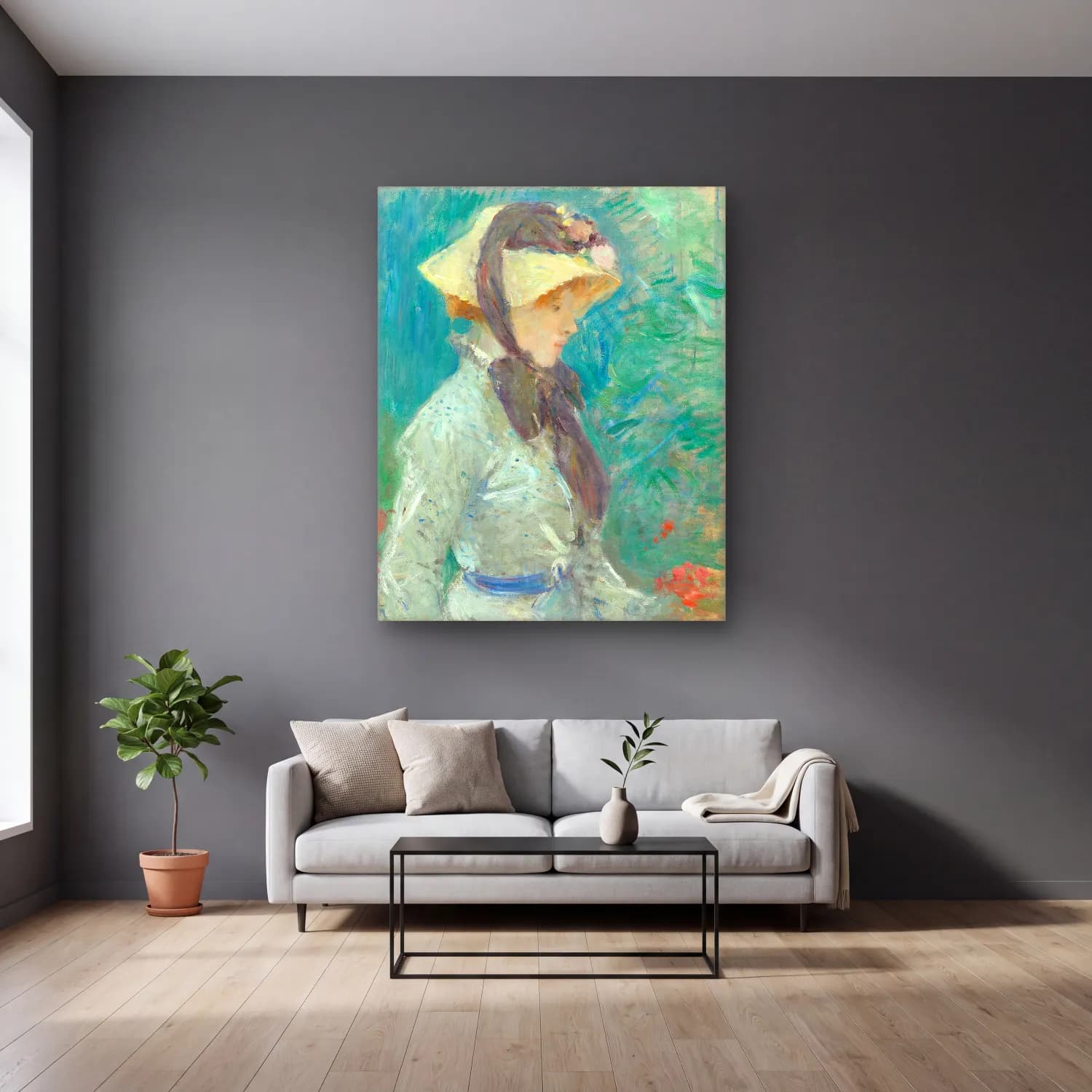 Berthe Morisot – Young Woman with a Straw Hat – Pastel Tonlar cam tablo — gri duvarlı salonda