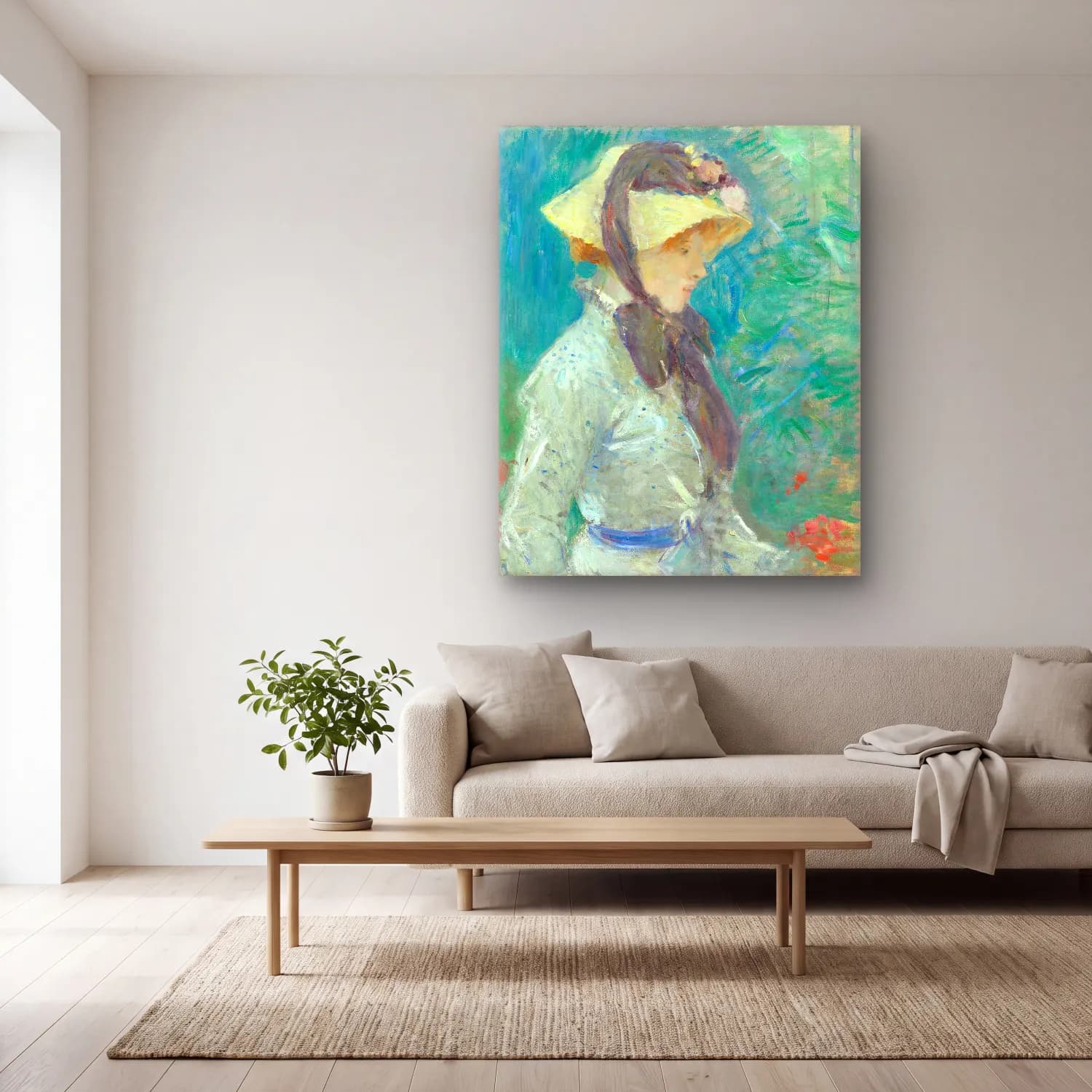 Berthe Morisot – Young Woman with a Straw Hat – Pastel Tonlar cam tablo — açık renk salonda