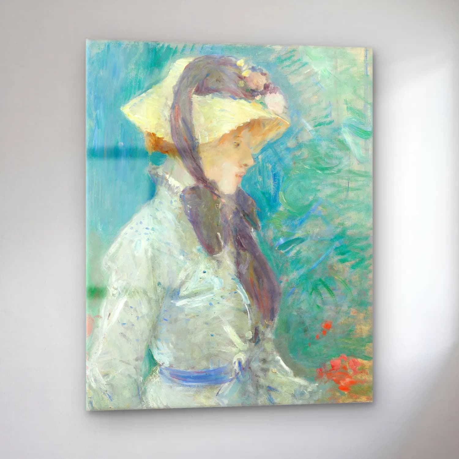 Berthe Morisot – Young Woman with a Straw Hat – Pastel Tonlar cam tablo — sol açıdan görünüm