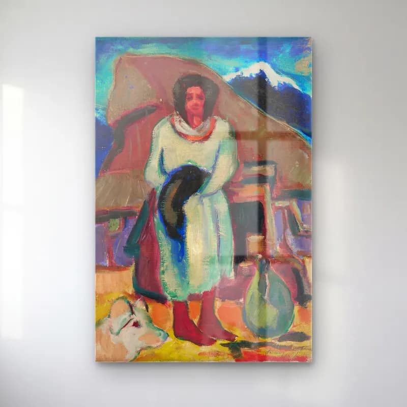 Zolo Palugyay – Study of a village girl in front of a cottage cam tablo — Zolo Palugyay – Study of a village girl in front of a cottage — yağlı boya elbiseli kadın